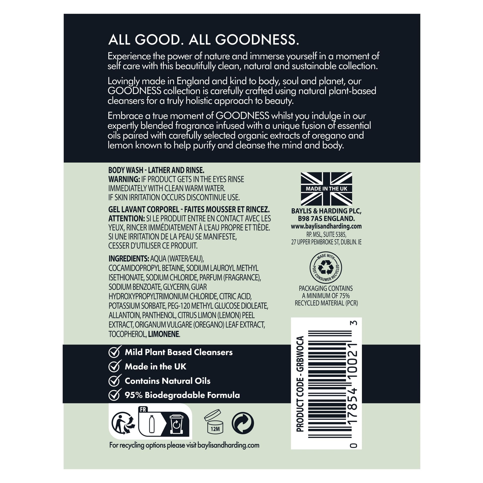 Baylis & Harding Liquid Body Wash Soap, Goodness, Oud, Cedar & Amber, 16.9oz/500ml - Medaid International