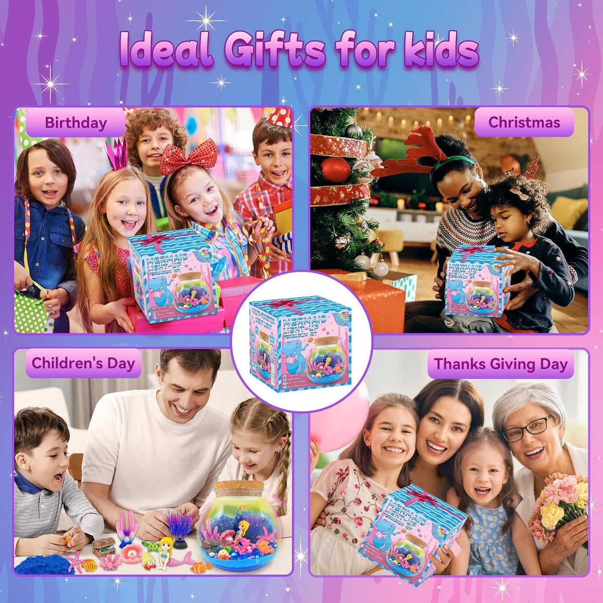 Mermaid Terrarium Kit for Kids, DIY Arts & Crafts Gift for Girls Ages 4 5 6 7 8-12 Year Old, LED Night Light with Remote, Best Birthday Easter Unicorn Toys Gifts for Girls Kid