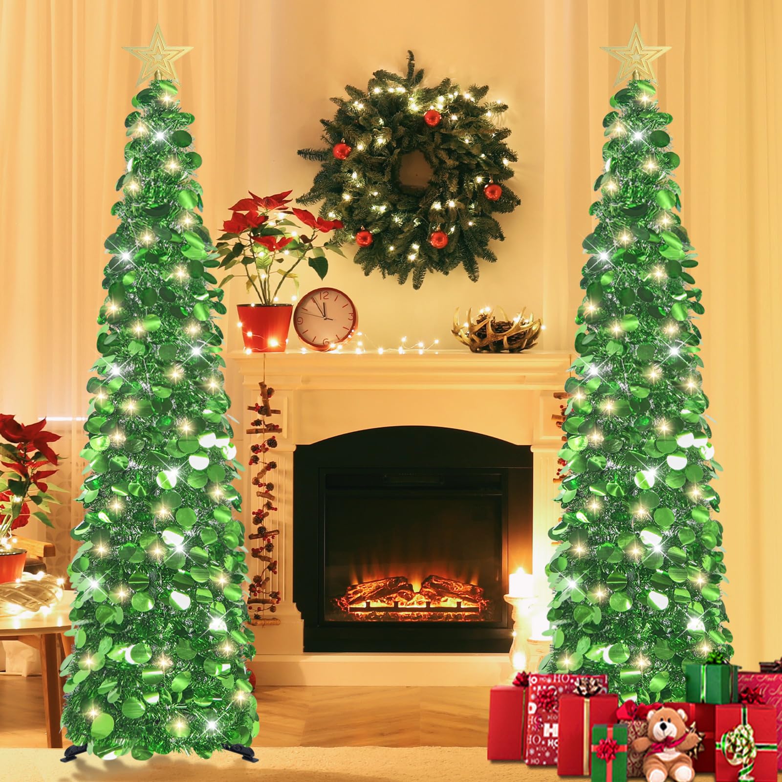 HMASYO 5 FT Pop Up Christmas Tree with Timer Lights, Green Christmas Tinsel Tree, Collapsible Artificial Pencil Christmas Tree for Indoor Home Apartment Porch Holiday Party Decorations - Medaid International