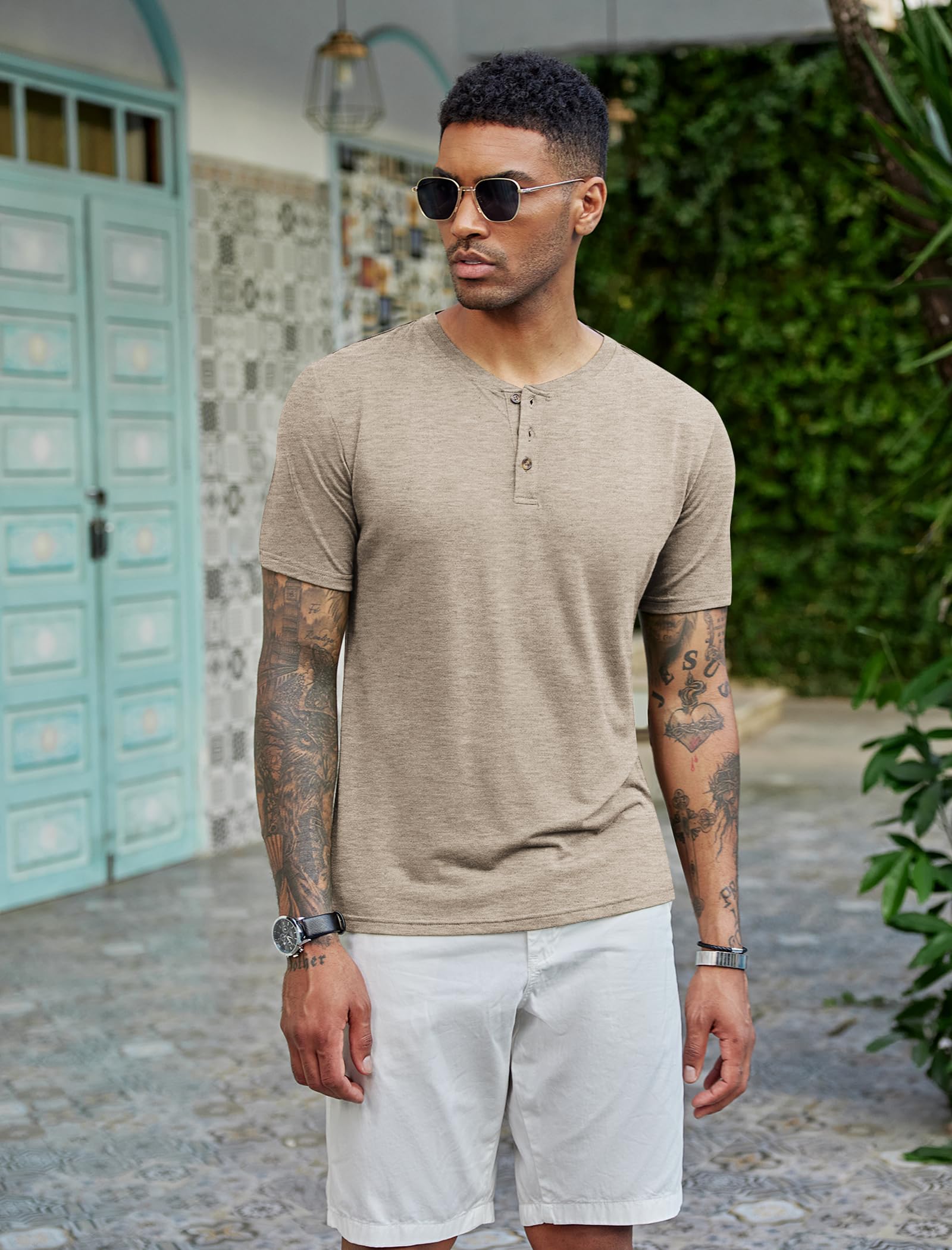 COOFANDY Men's Short Sleeve Henley Shirts Basic Tee Summer Solid Button T Shirts Lightweight Shirts Khaki - Medaid International