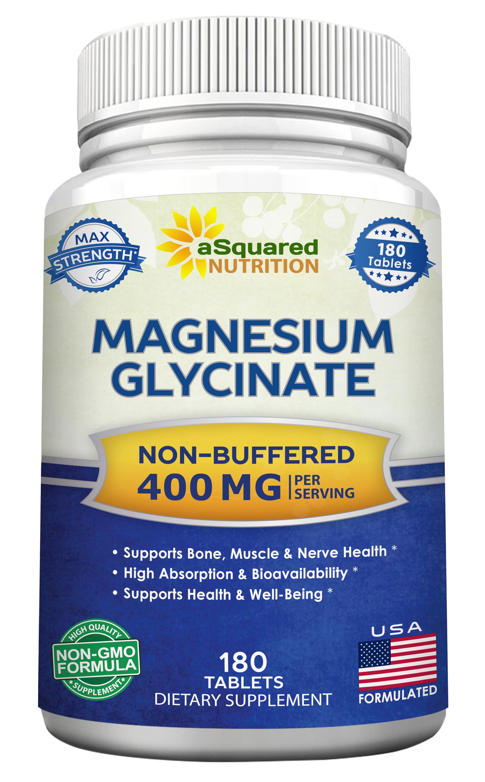 aSquared Nutrition Magnesium Glycinate 400mg - 180 Tablets - Max Strength Magnesium Bisglycinate Supplement -Maximum Bioavailability & Absorption-Non-GMO -Not Buffered-Supports Muscles, Bones & Heart - Medaid International
