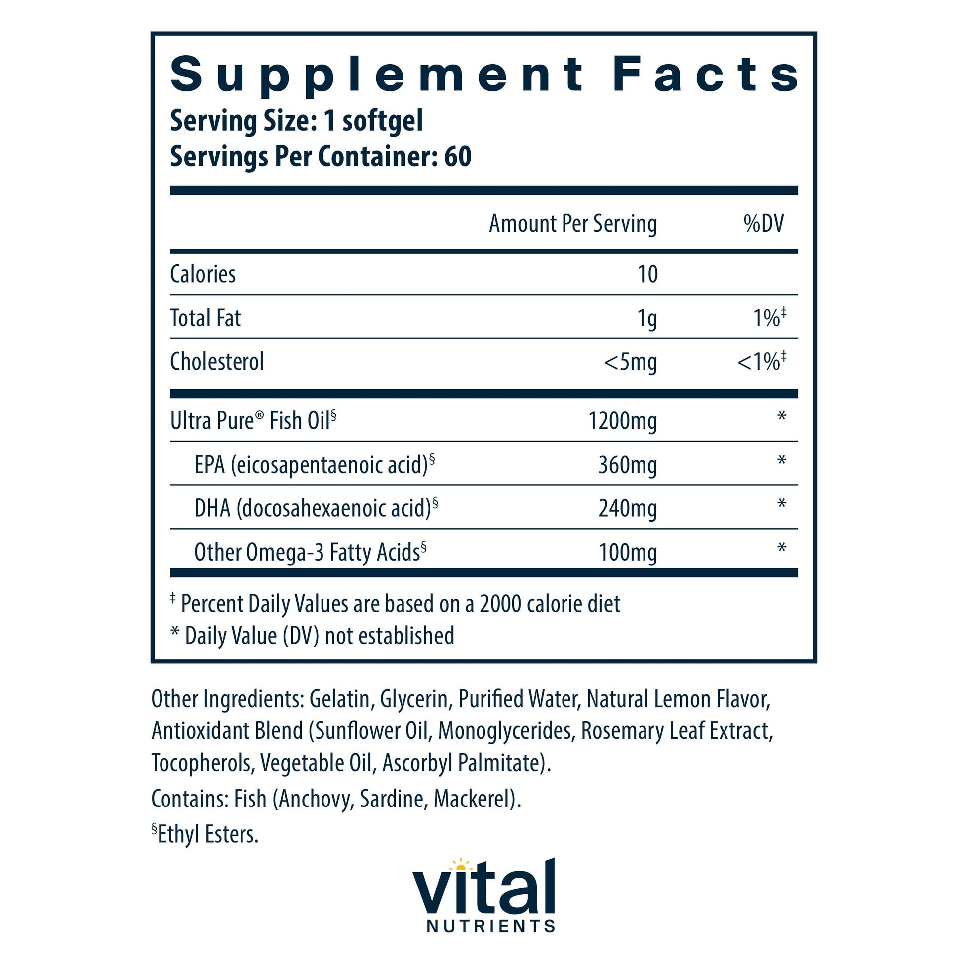 Vital Nutrients Ultra Pure® Fish Oil 700 | Supports Heart, Brain, and Joint Health* | Sustainably Sourced High EPA & DHA Omega-3 Fatty Acid | Lemon Flavor | Gluten, Dairy & Soy Free | 60 Softgels - Medaid International