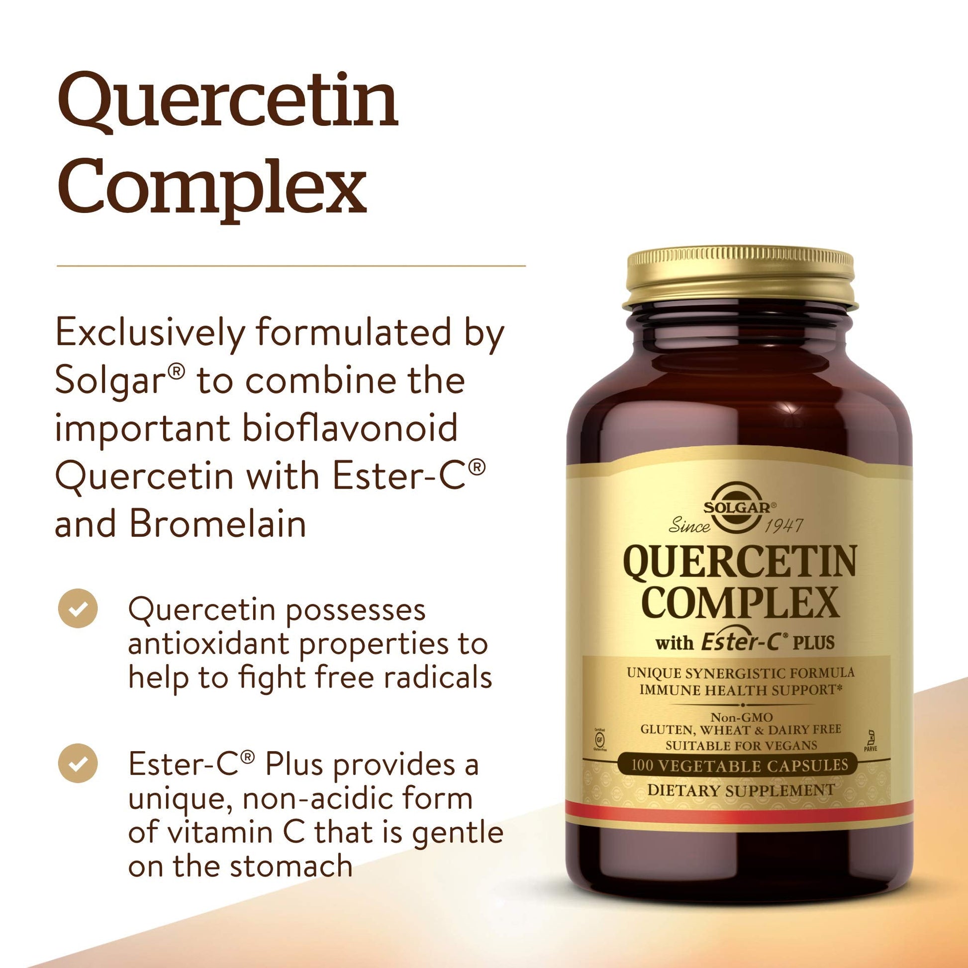 Solgar Quercetin Complex with EsterC Plus Vegetable Capsules Supports Immune Health Antioxidant Gentle on the Stomach Vitamin C NonGMO Vegan Gluten Free Dairy Free 50 Servings, Standard Packaging, 100 Count - Medaid International