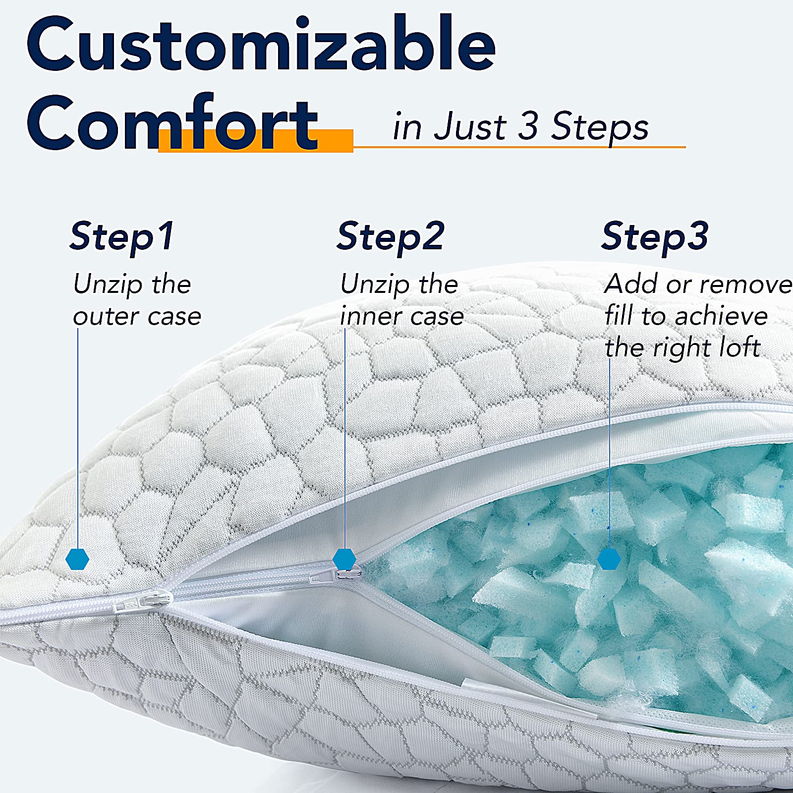 QUTOOL Cooling Pillows for Sleeping 2 Pack, Shredded Memory Foam Bed Pillows Queen Size Set of 2, Cool Pillow for Hot Sleepers Adjustable Firm Pillow for Side, Back and Stomach Sleepers Supportive - Medaid International