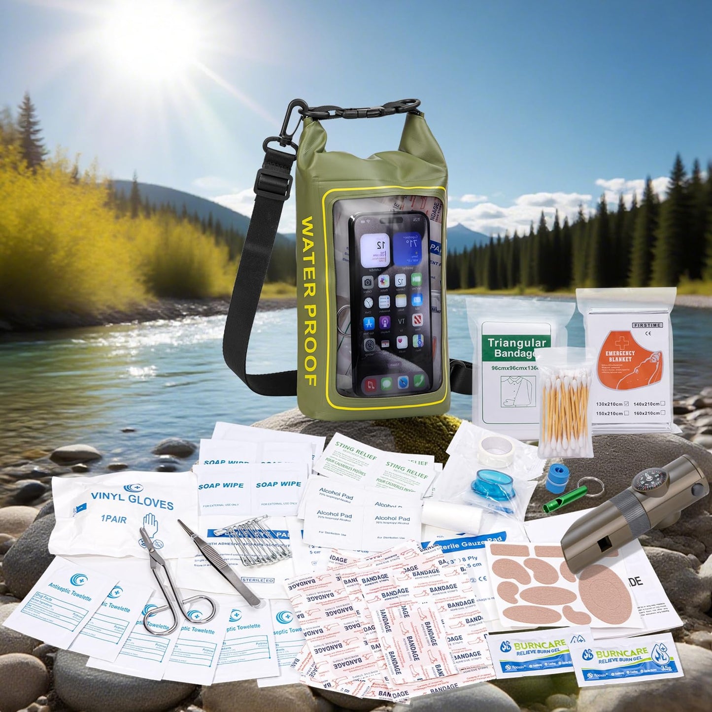 GPUSFAK 154 Pieces Waterproof Boat First Aid Kit Dry Bag with Cell Phone Bug Out Bags Pouch Roll Top Boat Emergency Kit 2-in-1 for Camping Fishing Kayaking Swimming Rafting ArmyGreen