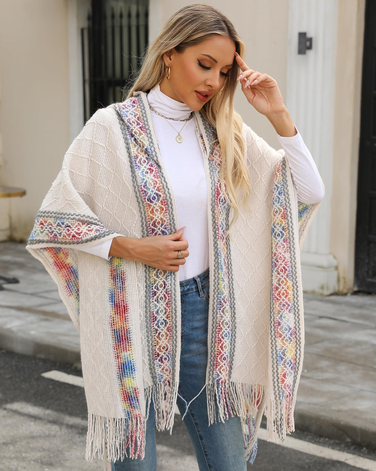 KASTWAVE Knit Shawl Wraps for Women, Wraps Oversized Winter Scarf, Warm Poncho Sweater, Tassels Open Front capes, Warm Wearable Blanket Long Cardigans Sweater Coats Birthday Gifts for Ladies