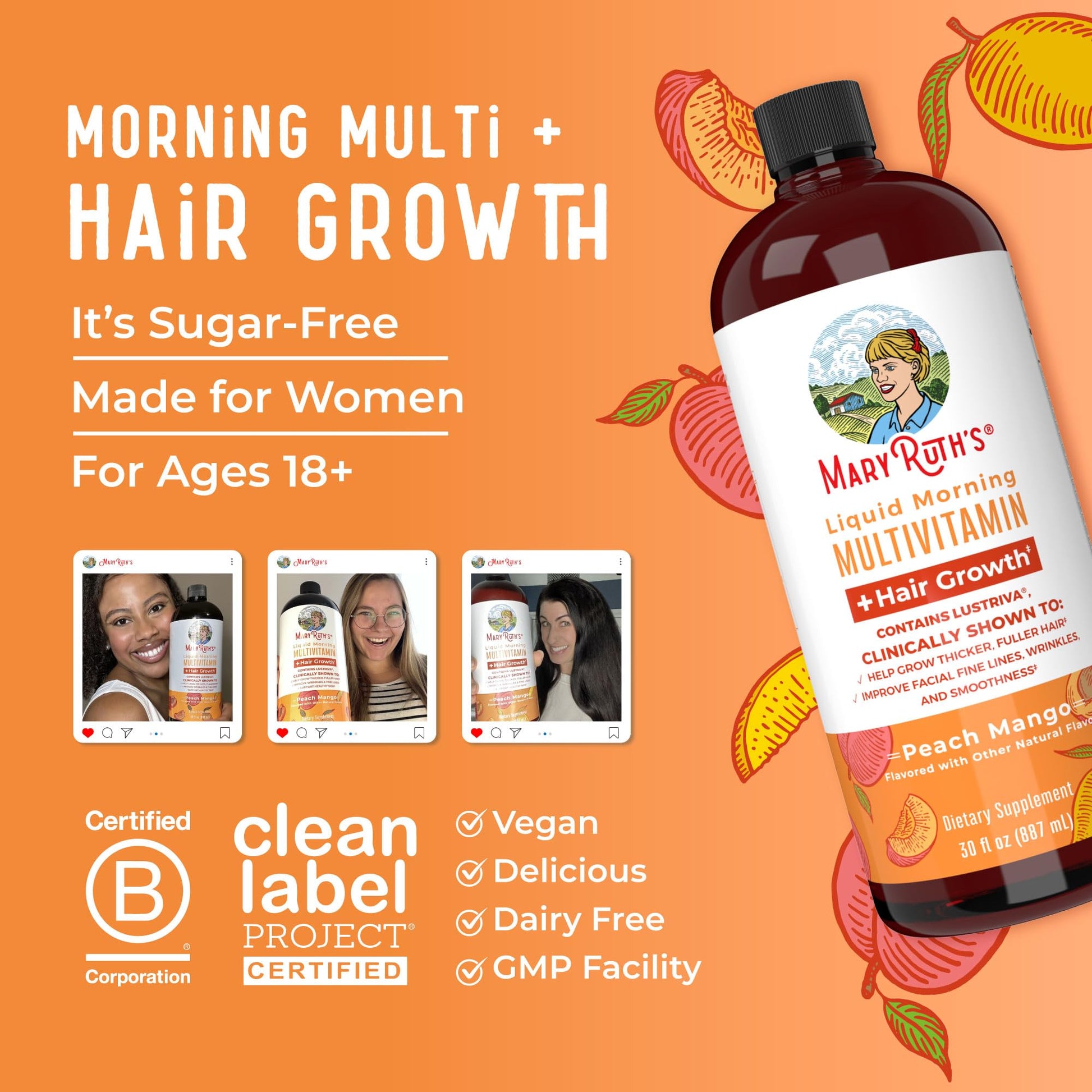 MaryRuth Organics Liquid Multivitamin+Hair Growth | Clinically Tested for Thicker Hair & Facial Wrinkles in Women | Biotin 10000mcg | Lustriva Hair Growth Supplement | Skin Care | Age 18+ | 30 Fl Oz - Medaid International