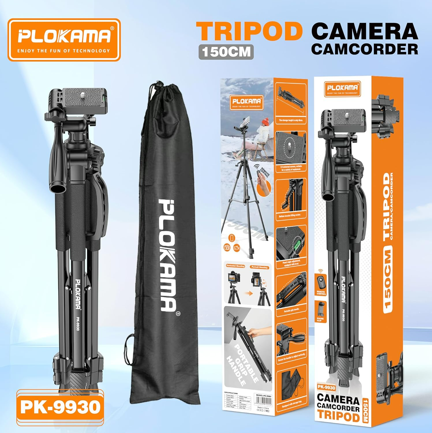 PLOKAMA Professional Tripod 150cm – 360° Rotation with Bluetooth Remote PK-9930
