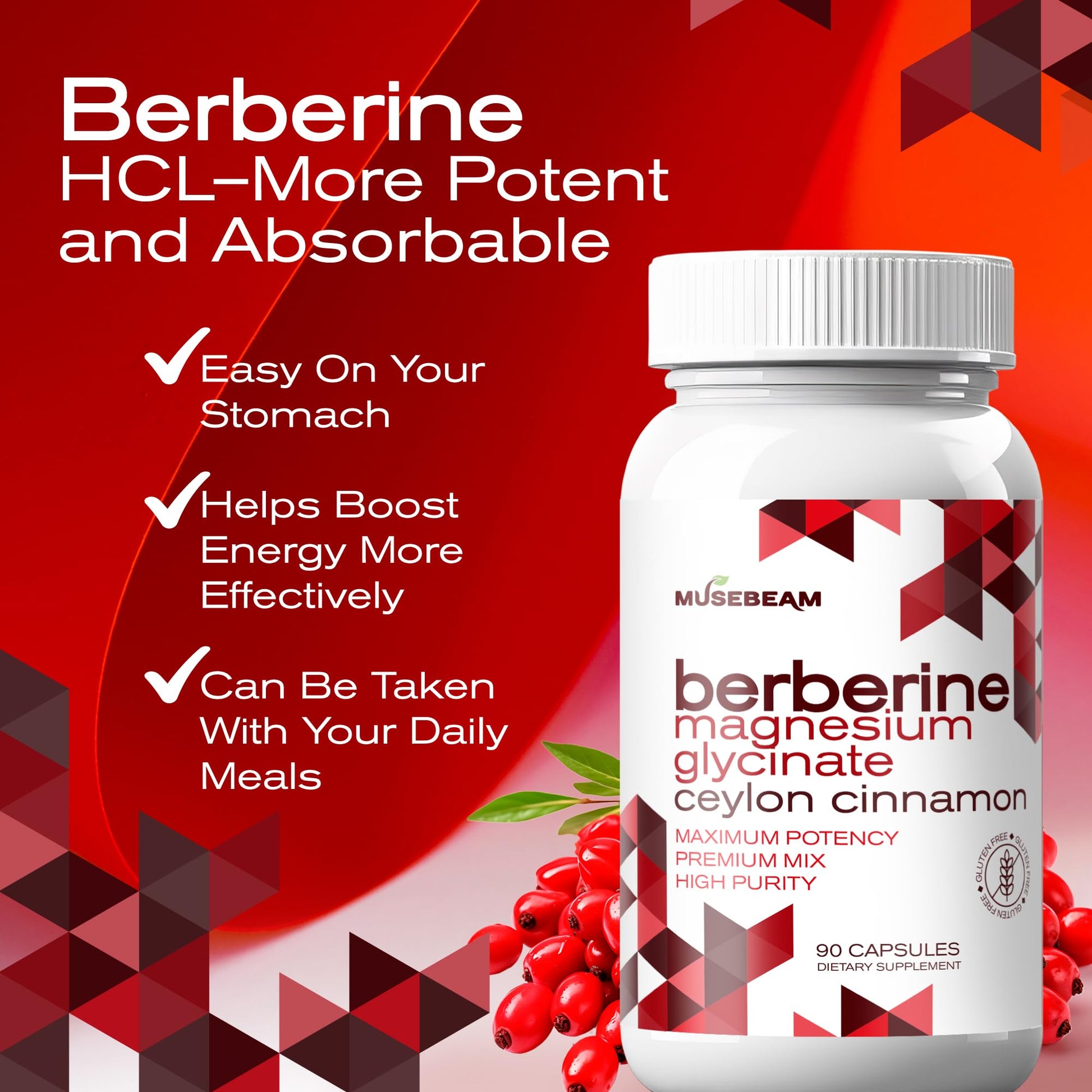 MuseBeam Berberine HCL Magnesium Glycinate Supplement - 1800mg High Purity Capsules with Ceylon Cinnamon - Vegan Friendly Non-GMO Gluten-Free Sugar Free Pill for Men Women - Medaid International