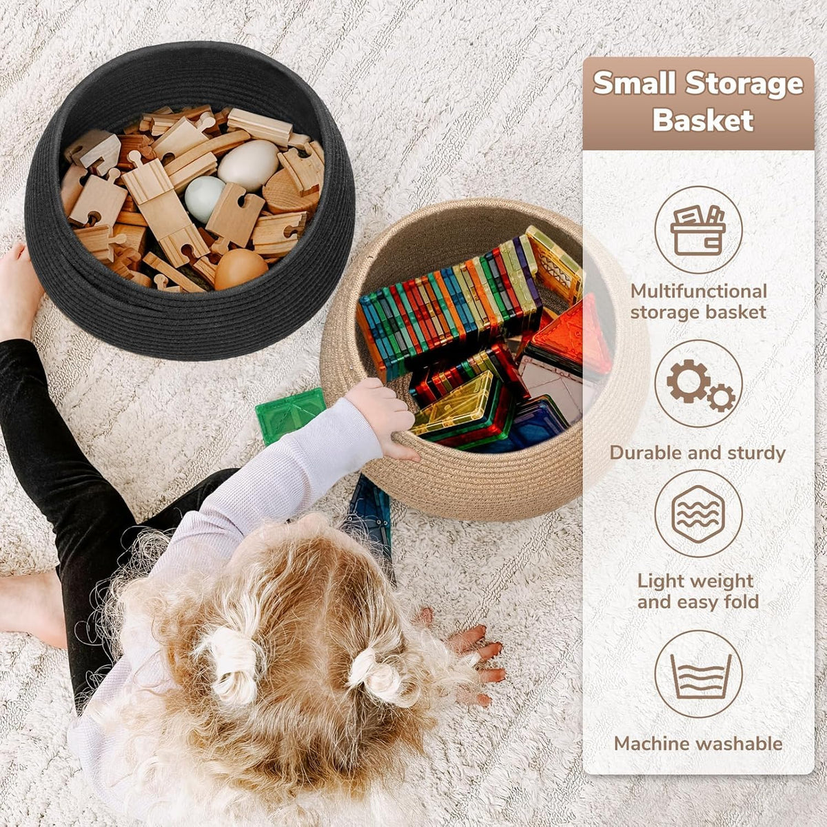 TERRIFI Round Storage Basket with Handles, Woven Jute Rope Organizer, Foldable Cotton Rope Basket for Nursery Toys, Towels, Indoor Plant Pots and Home Decor, 26 * 21cm