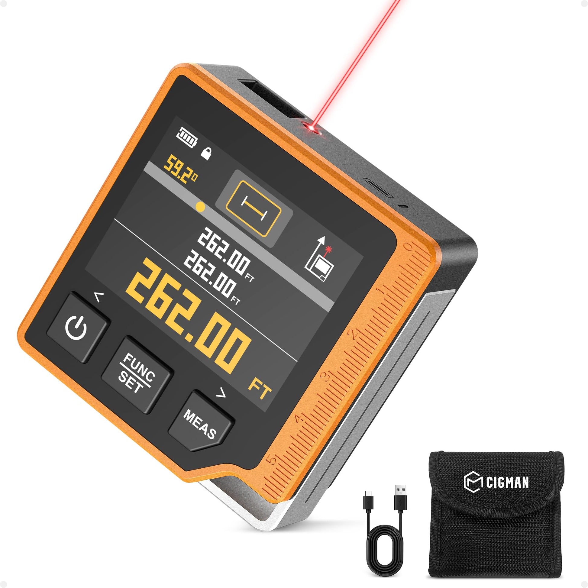 Laser Measuring Tool, 262ft Laser Measure with Digital Angle Finder & Level, Rechargeable Laser Measurement Tool with 2.4'' Color Backlit Display, 6 Units Ft/in/M, Length/Area/Volume/Pythagorean Mode - Medaid International