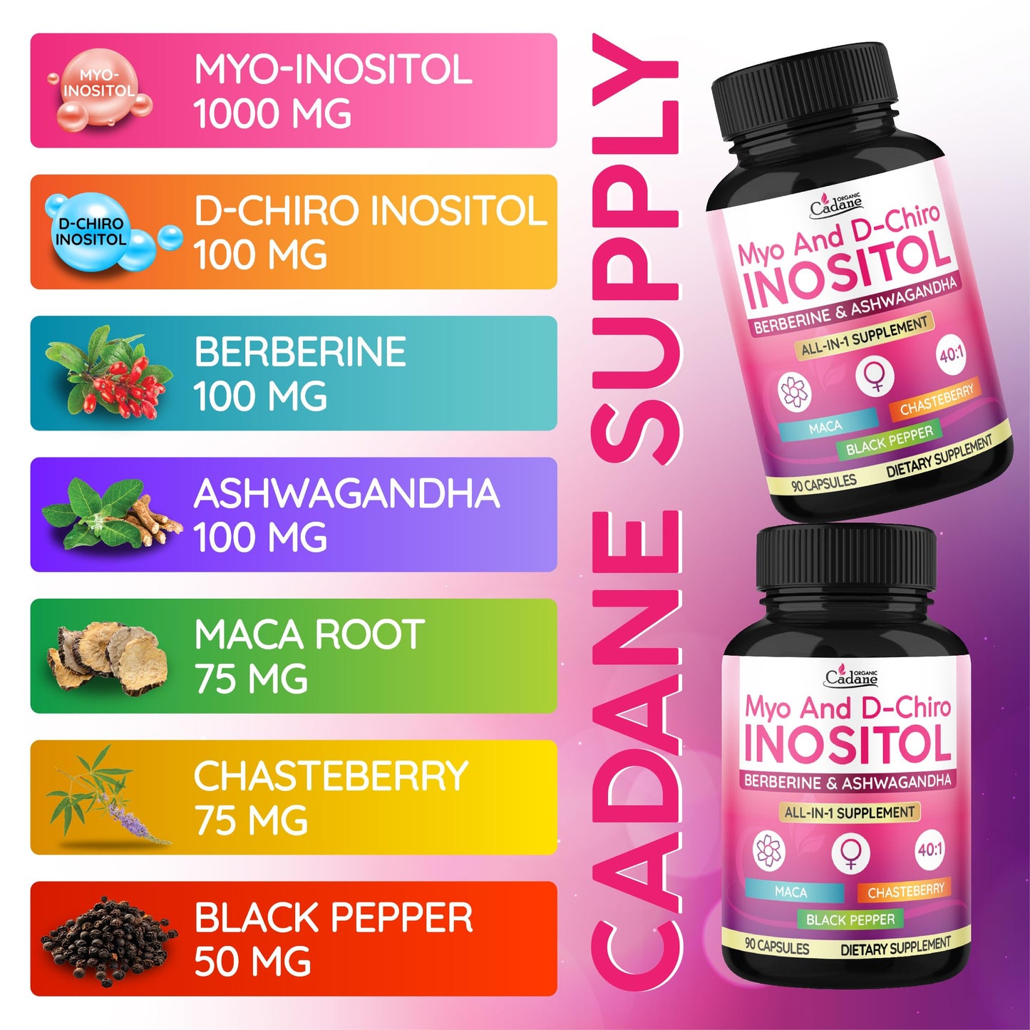 Organic Cadane Myo & D-Chiro Inositol Supplement | Formula with Ashwagandha, Maca, Chasteberry, Berberine & Black Pepper | Supports Women's Balance & Wellness | Vegan, Non-GMO - 90 Capsules - Medaid International