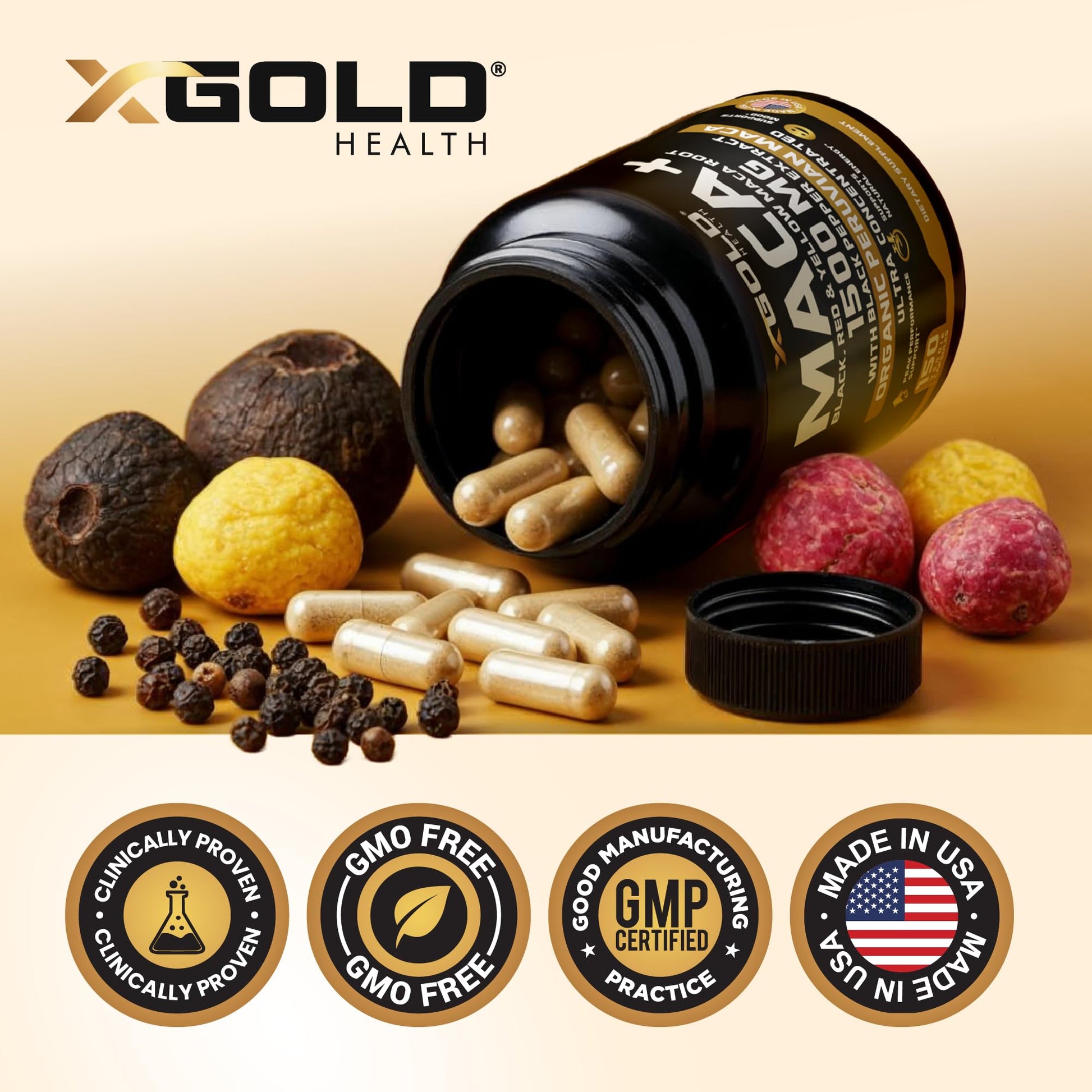 X Gold Health Organic Maca Root Powder Capsules 1500mg with Black | Red & Yellow Peruvian Maca Root Extract Gelatinized, Energy & Mood Supplement for Men & Women + Black Pepper for Best Benefits - Medaid International