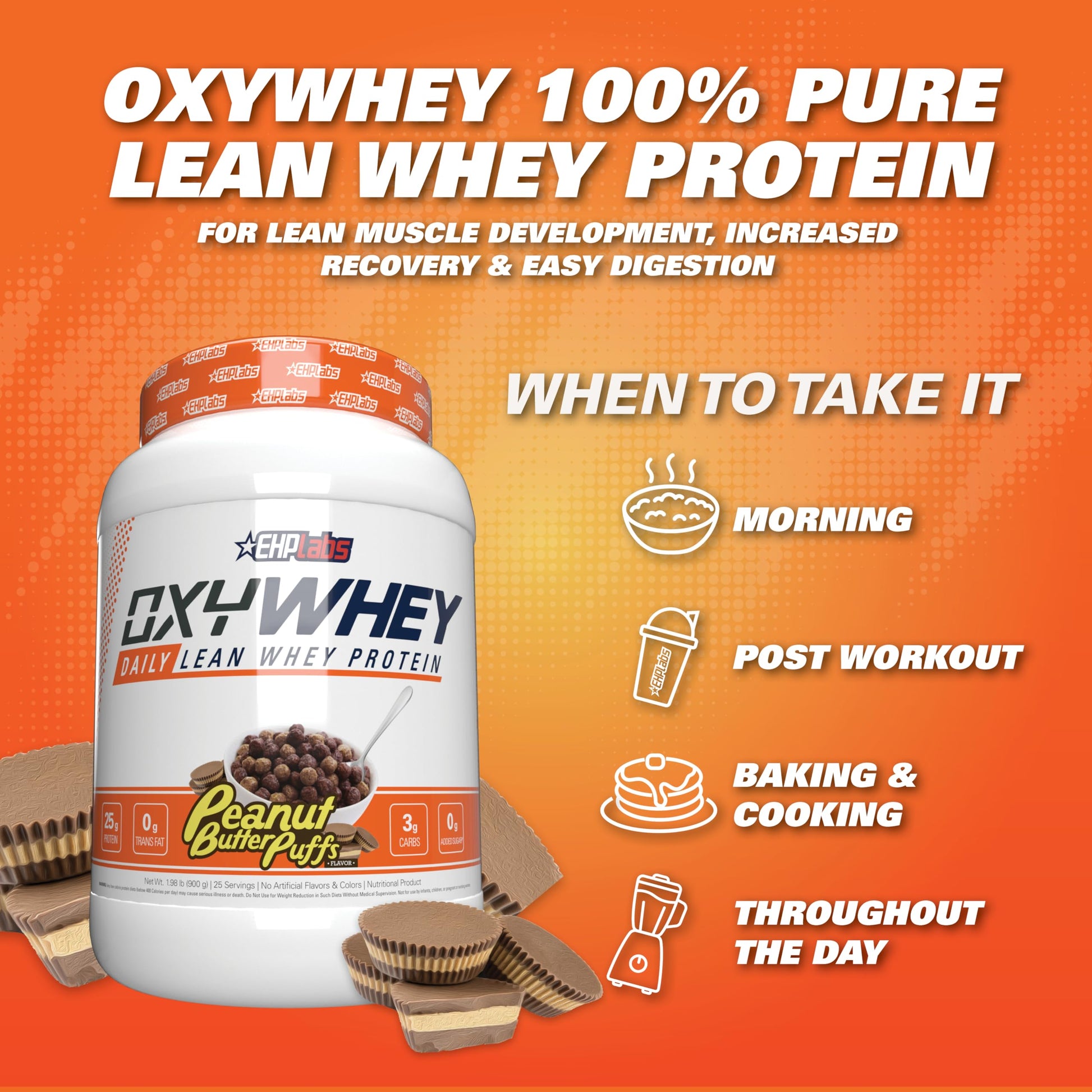 EHP Labs OxyWhey Whey Protein Isolate – 25g High Protein, Low Carb, Sugar Free Meal Replacement – Lean Whey Powder for Muscle Recovery – Non-GMO, Gluten Free – 25 Serves – Peanut Butter Puffs - Medaid International