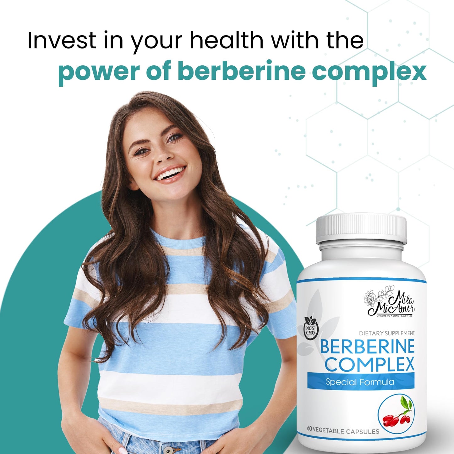 Mila Miamor Berberine Complex HCL 500mg - Special Berberine Supplement with Melon Fruit & Banaba Leaf - Non-GMO, Made in USA - Heart, Cognitive & Gastrointestinal Health - 60 Capsules - Medaid International