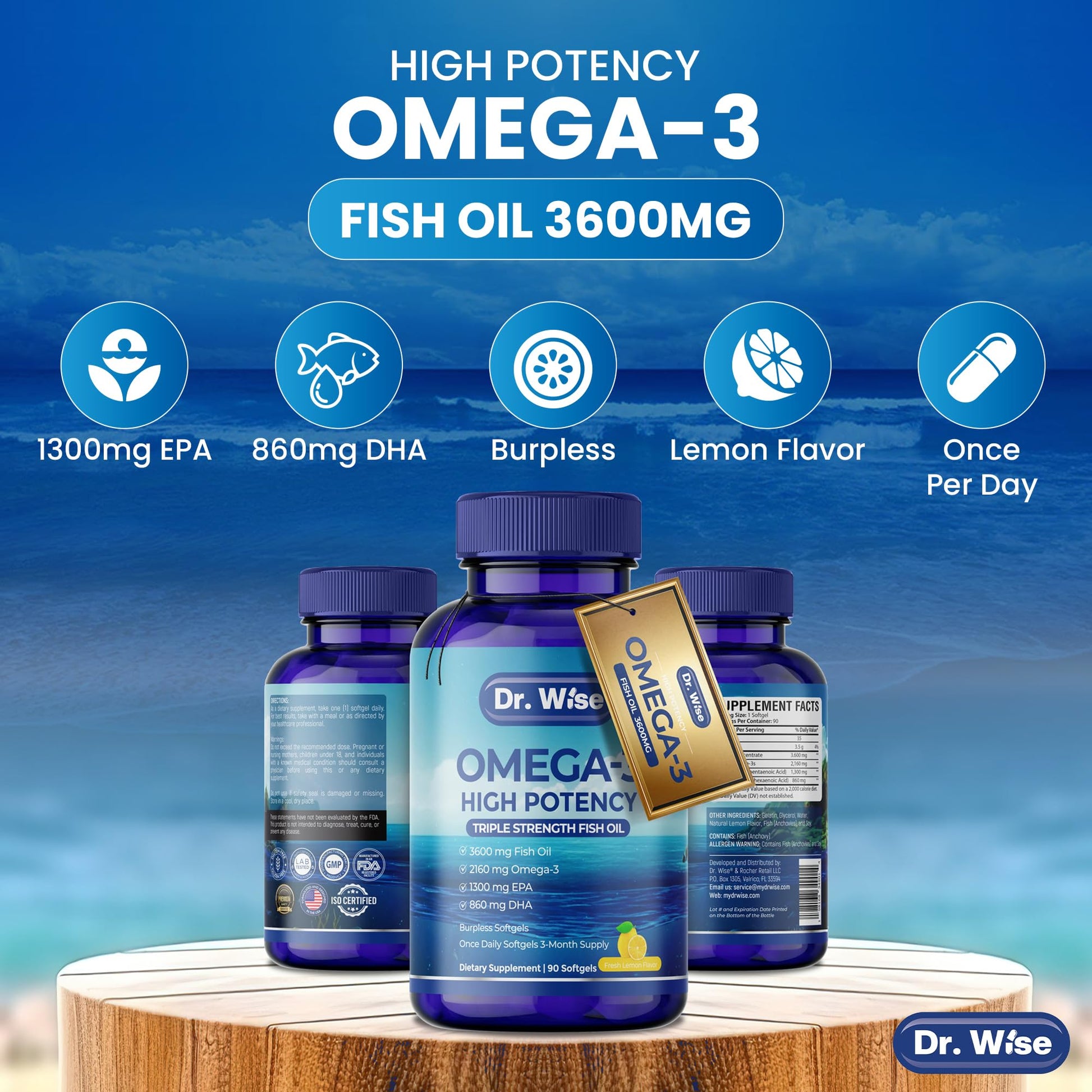 Triple Strength Omega 3 Fish Oil 3600mg – 1300mg EPA & 860mg DHA- Once Daily – Burpless Lemon Flavor, – Supports Heart, Brain, Joint & Eye Health – Wild Caught, Non-GMO, 90 Softgels, 3-Month Supply - Medaid International