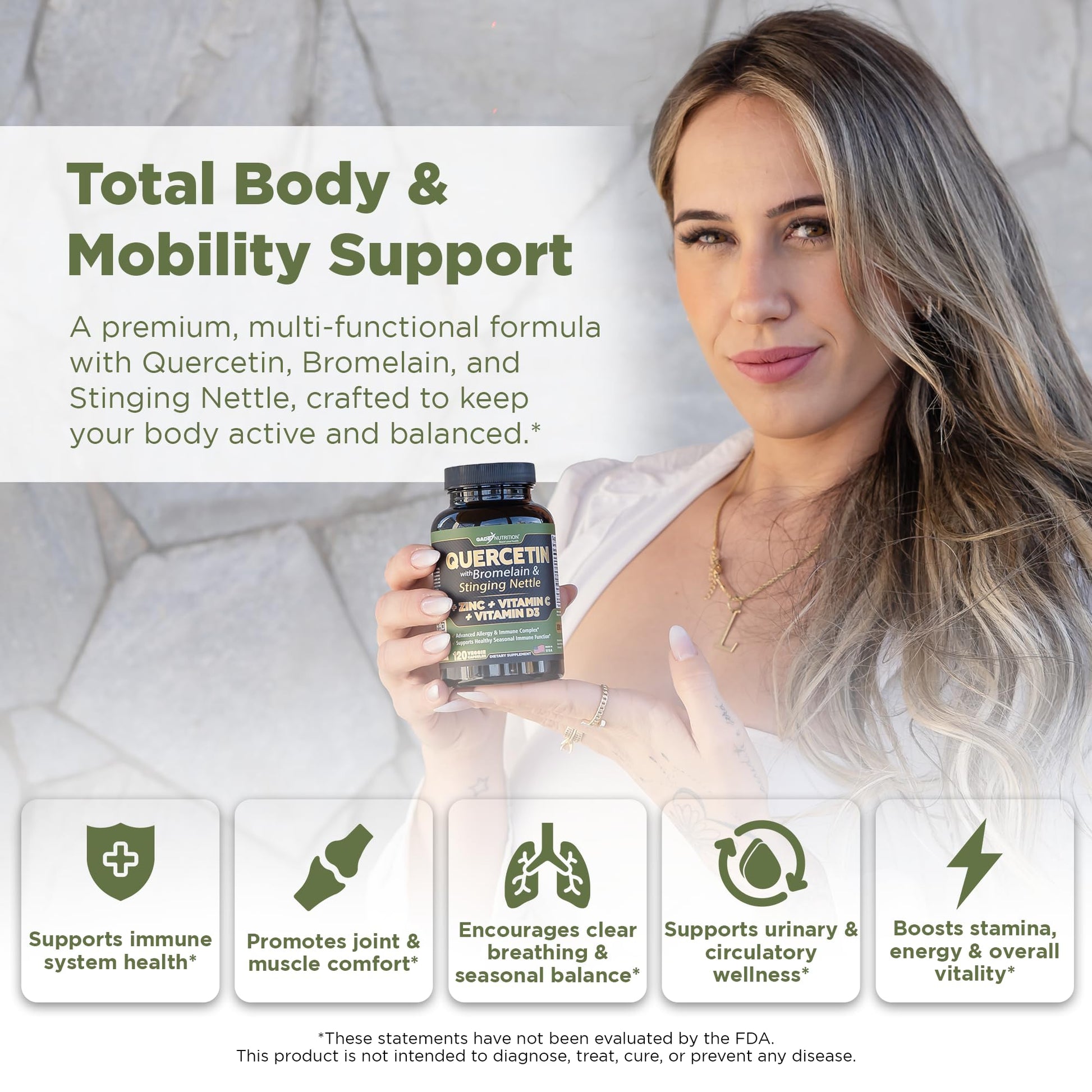 Quercetin with Vitamin C and Zinc - Nettle Quercetin - Quercetin 500mg - Quercetin with Bromelain - Zinc Quercetin + Vitamin D3 - 120 Veggie Caps - (Non-GMO, Gluten-Free, Vegan) - 2 Month Supply - Medaid International