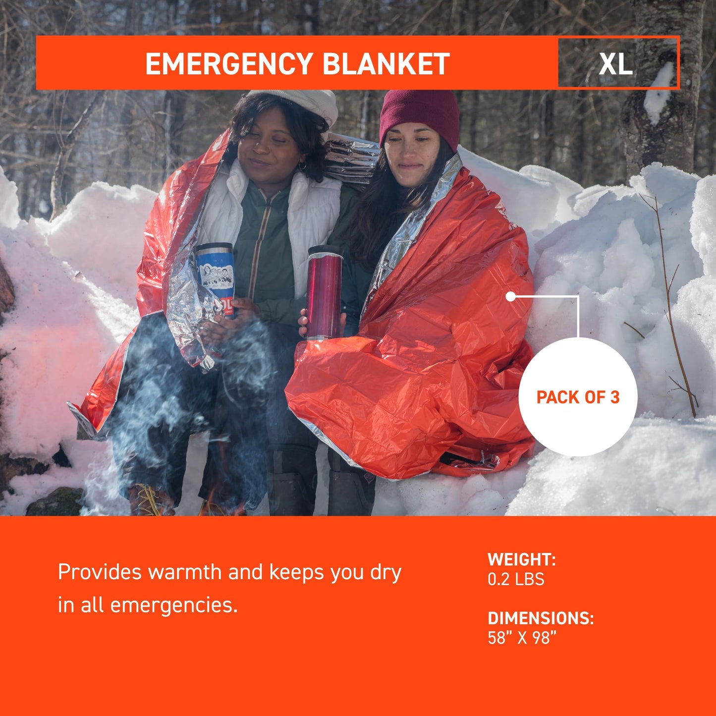 S.O.L. Survive Outdoors Longer 90% Heat Reflective Emergency Blanket - for Disaster Preparedness Kit - Waterproof & Windproof - Fits up to 2 People - 58" x 98", 5.9 oz, Orange (Pack of 3)
