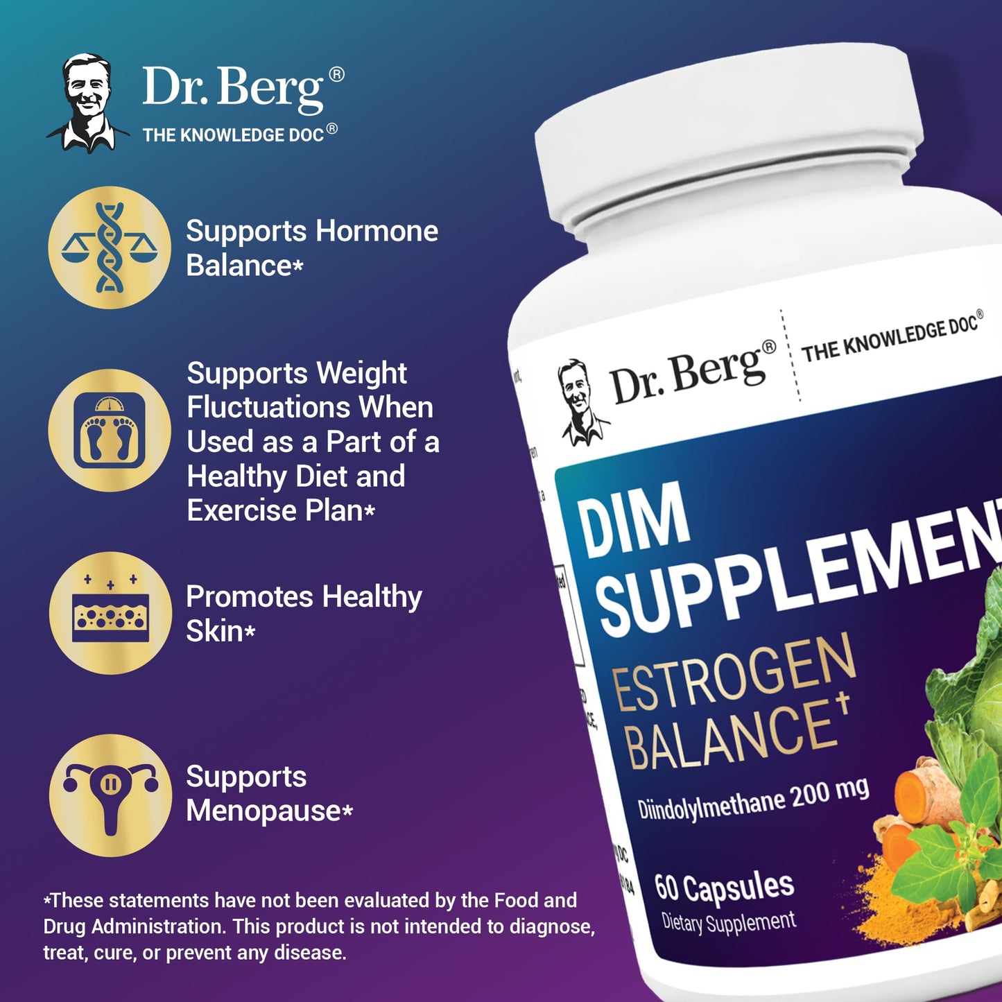 Dr. Berg DIM Supplement Estrogen Balance - Original Estrogen Supplement for Women with Diindolylmethane for Menstrual Symptoms & Menopause Relief & Black Pepper for Enhanced Absorption - 60 Capsules - Medaid International