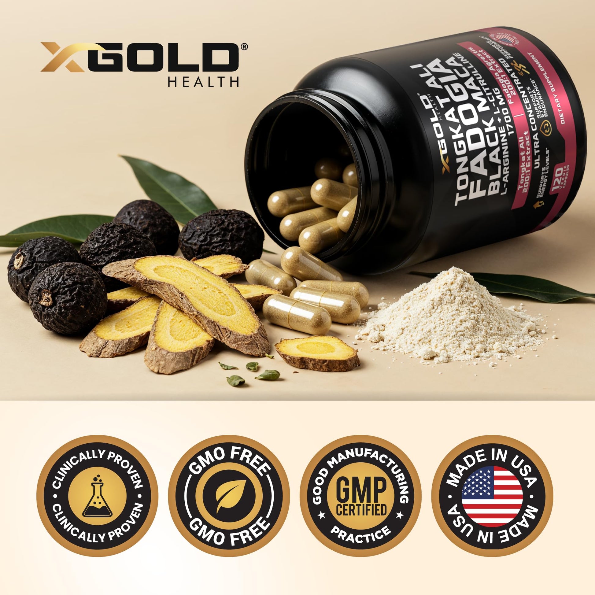 X Gold Health Tongkat Ali + Fadogia Agrestis + Black Maca – Energy, Vitality & Stamina Booster for Men & Women Made in USA - Medaid International
