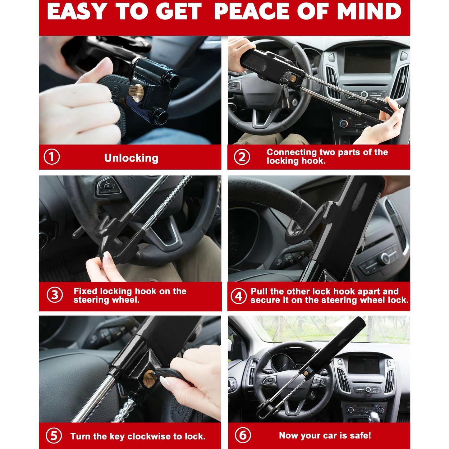 Tevlaphee Steering Wheel Lock Anti-Theft Car Device Heavy Duty Security Car Lock Antitheft Locking Devices Great Deterrent Adjustable Car Wheel Lock Anti Theft for Vehicle Truck with 3 Keys(Black) - Medaid International
