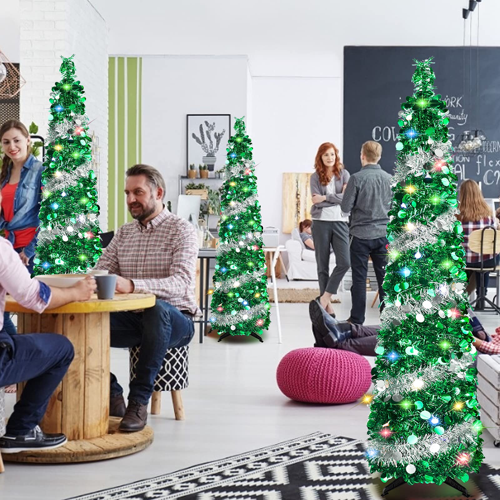 5 FT Christmas Trees with 90 Colorful Lights, Collapsible Artificial Sequin Pop Up Christmas Tree, Tall Skinny Pencil Tinsel Christmas Trees Xmas Tree for Home Apartment Basement Fireplace - Medaid International