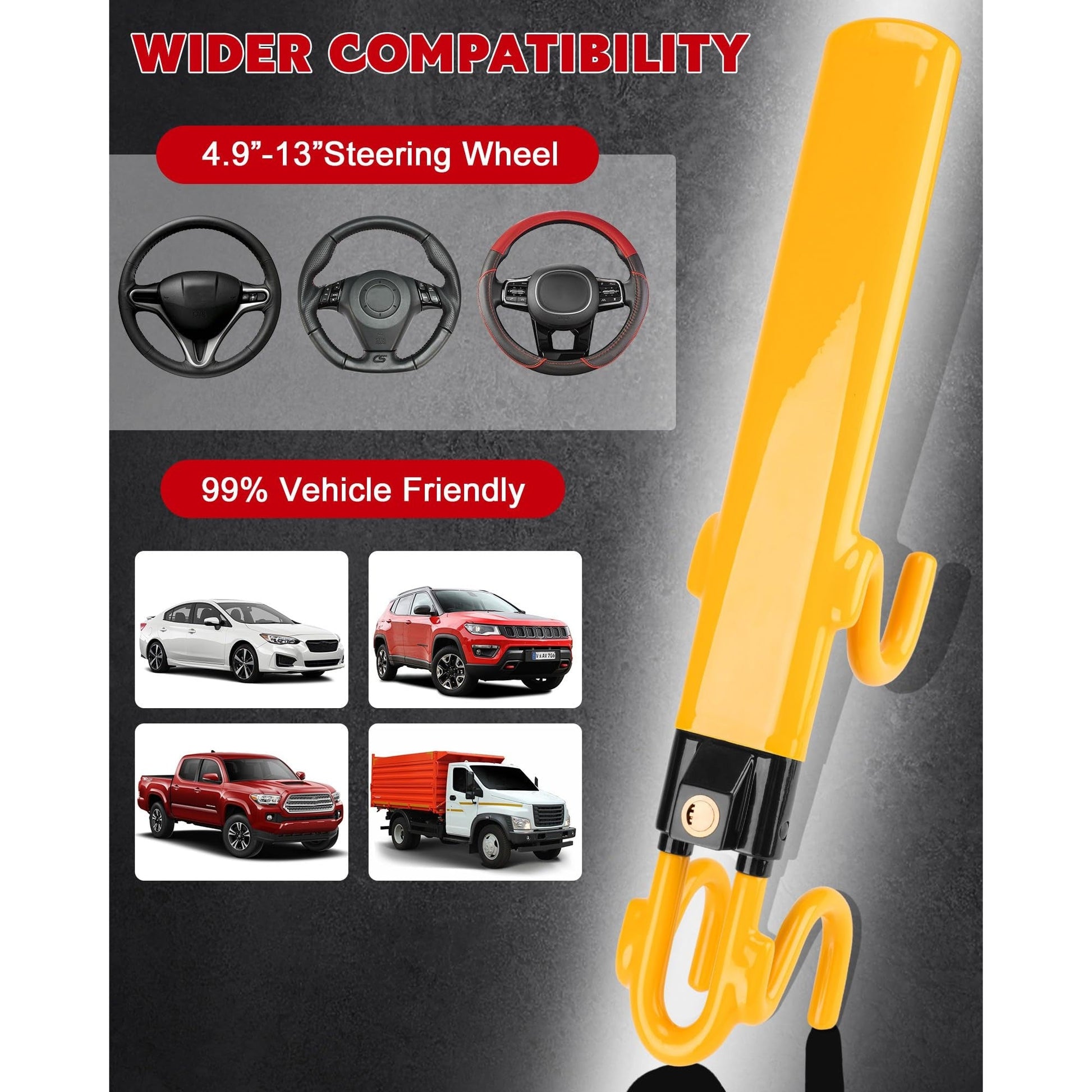 Tevlaphee Steering Wheel Lock - Heavy Duty Antitheft Device and Car Security Lock with Adjustable Locking and 3 Keys - Great Vehicle and Truck Deterrent (Yellow) - Medaid International