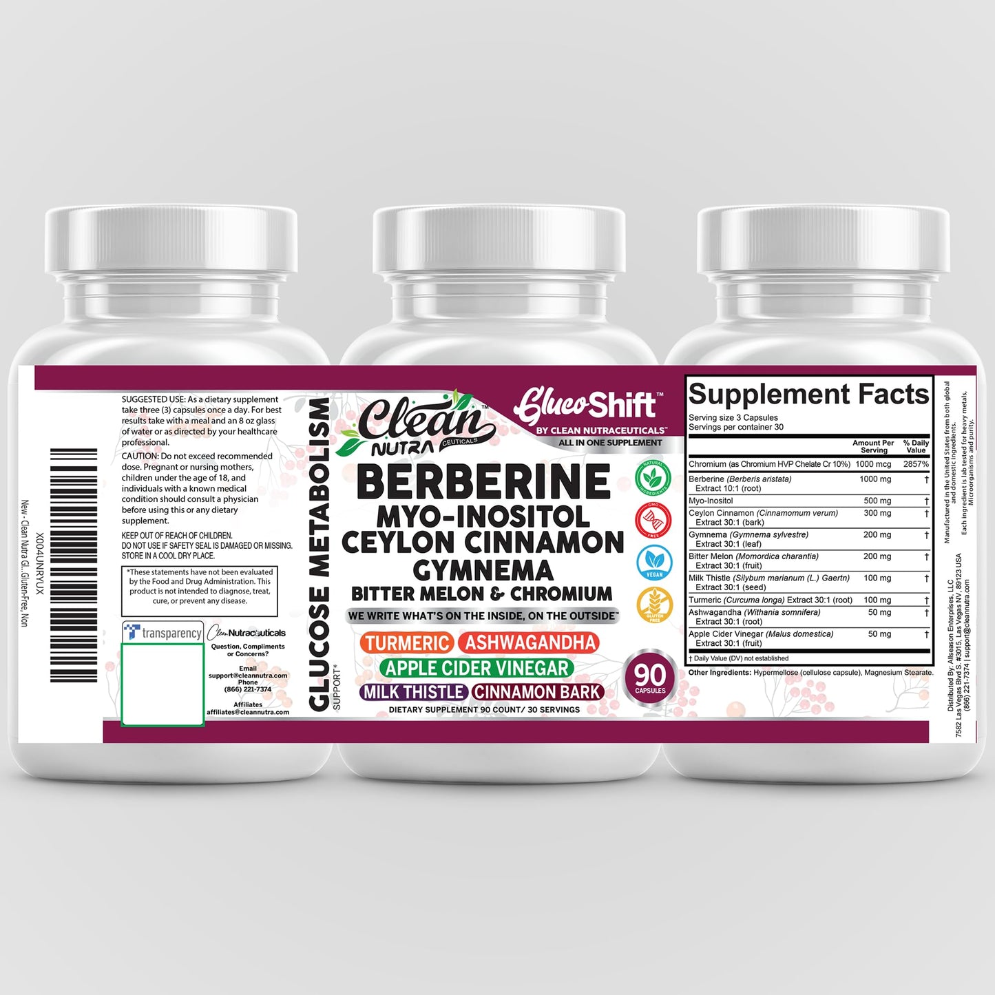 Clean Nutra Berberine Supplement with Ceylon Cinnamon Myo-Inositol Gymnema Bitter Melon & Chromium | Berberine HCI Root Extract Complex | 90 Capsules | Vegan, Gluten-Free, Non-GMO - Medaid International