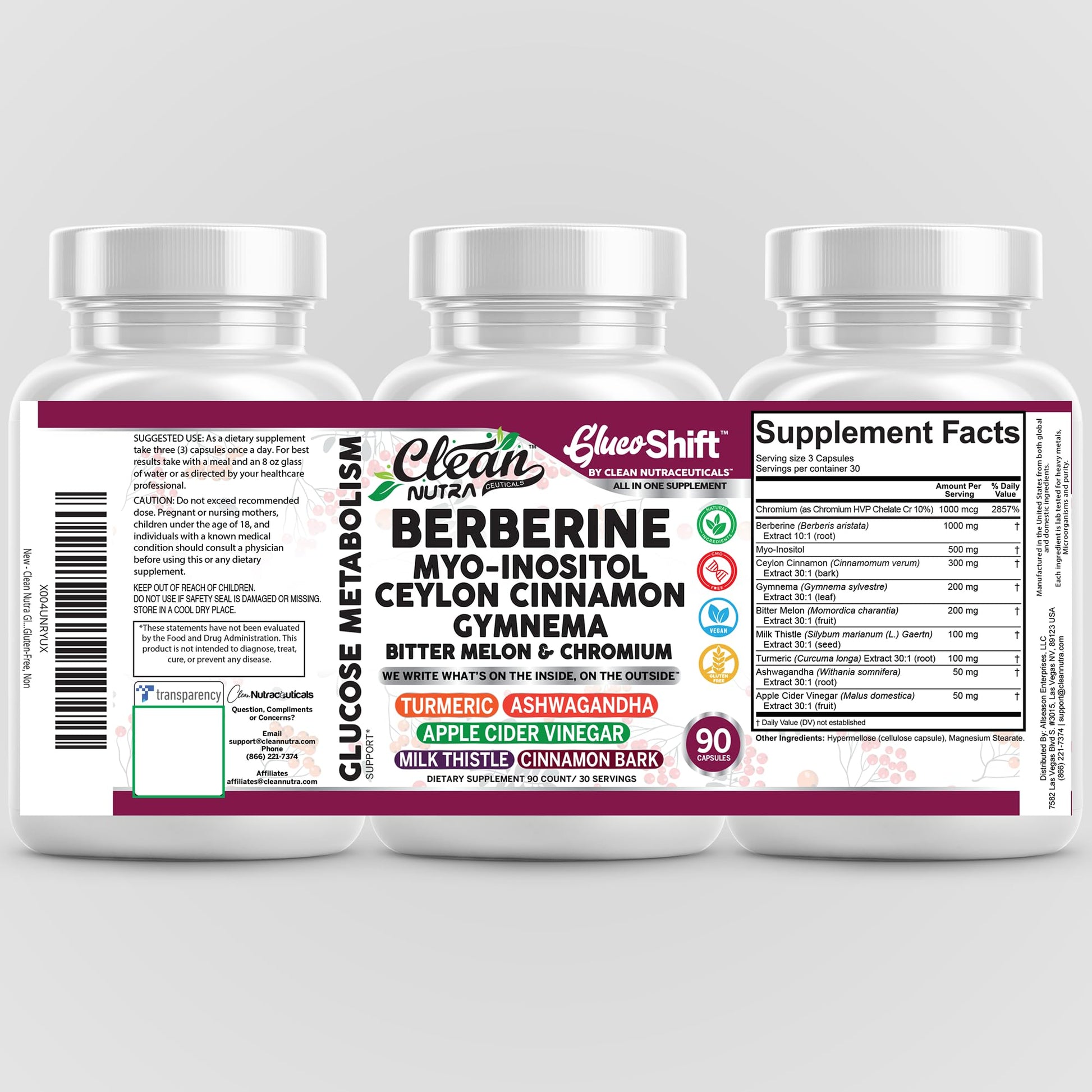 Clean Nutra Berberine Supplement with Ceylon Cinnamon Myo-Inositol Gymnema Bitter Melon & Chromium | Berberine HCI Root Extract Complex | 90 Capsules | Vegan, Gluten-Free, Non-GMO - Medaid International