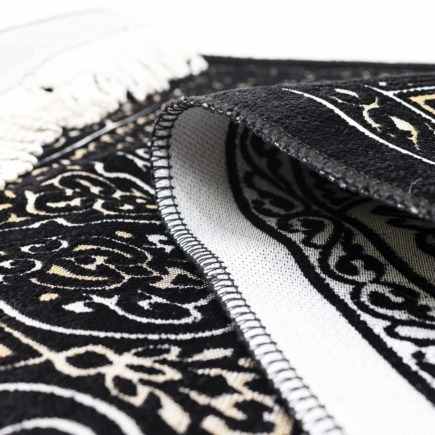 Modefa Turkish Islamic Prayer Mat Muslim Prayer Rug Islam Men Women Chenille with Praying Cap, Beads | Full Kaba Door Swirl Intricate Design (Black) - Medaid International