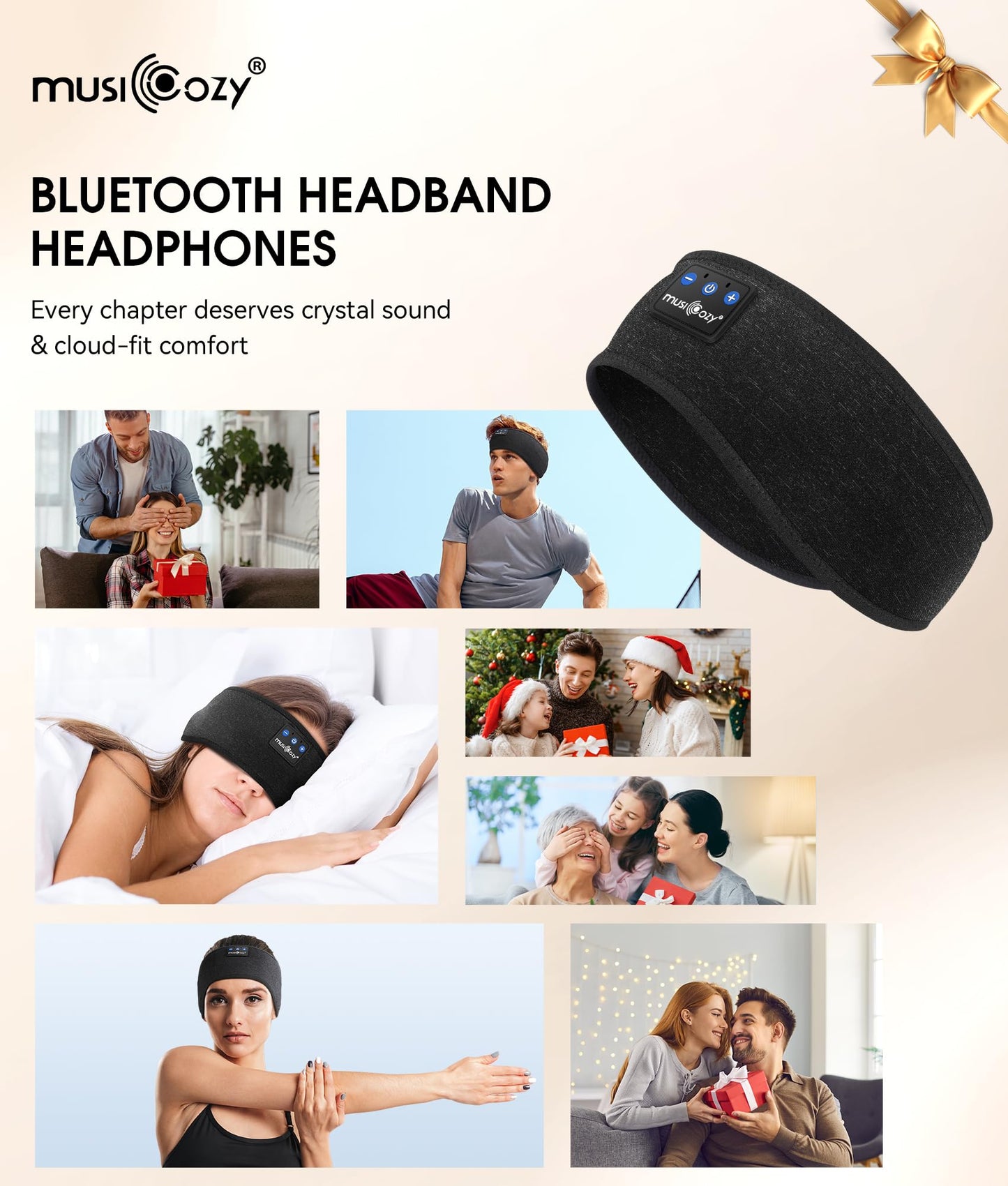 MUSICOZY Sleep Headphones Bluetooth 5.4 Headband, Wireless Earphones Music Sleep Earbuds Sleeping Eye Mask with HD Stereo Speakers for Workout Running Travel Yoga, Ideal Gifts (Double-Sided Black) - Medaid International