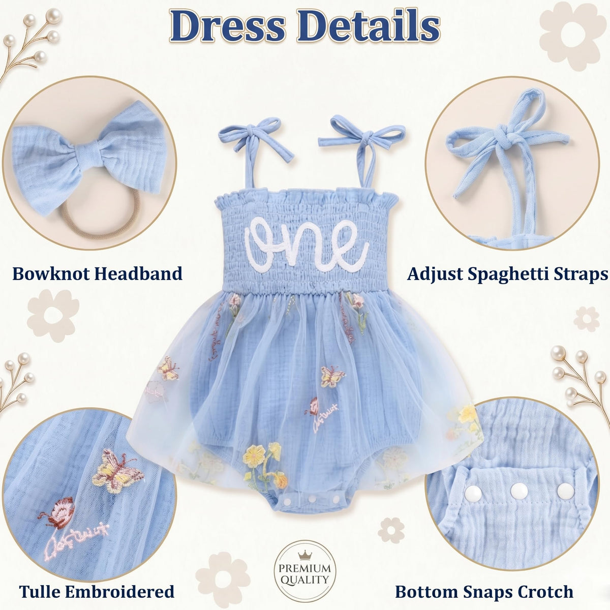 Baby Girl 1st Birthday Outfit, Floral ONE Tulle Romper Dress with Matching Headband Set, Sleeveless Princess Bodysuit Photo Props for 12-18 Months Cake Smash Party