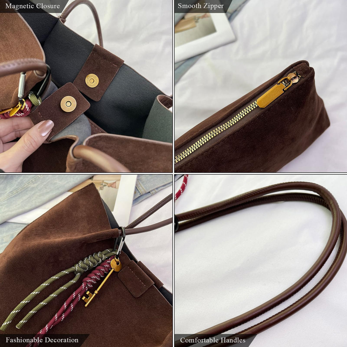 KASTWAVE Brown Faux Suede Tote Bag for Women – Trendy Slouchy Shoulder Handbag with Magnetic Clasp & Zipper Liner Pouch | Large Capacity Daily Purse for Fall, Work, Shopping & Travel