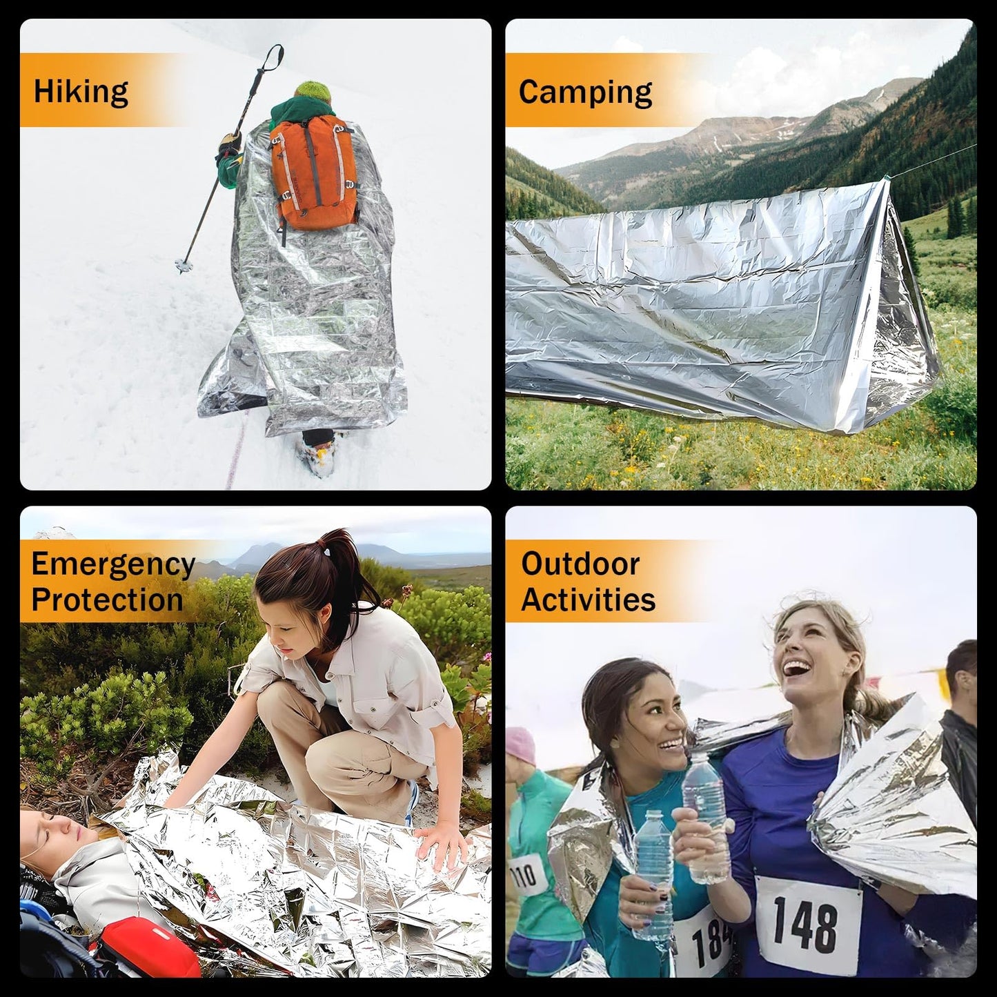 SET007 5-Pack Emergency Mylar Thermal Blankets, 82"x62" Space Blankets Foil Blanket, XL Camping Blanket for Outdoors, Hiking, Survival kit, Bug Out Bag，Marathons or First Aid, Silver