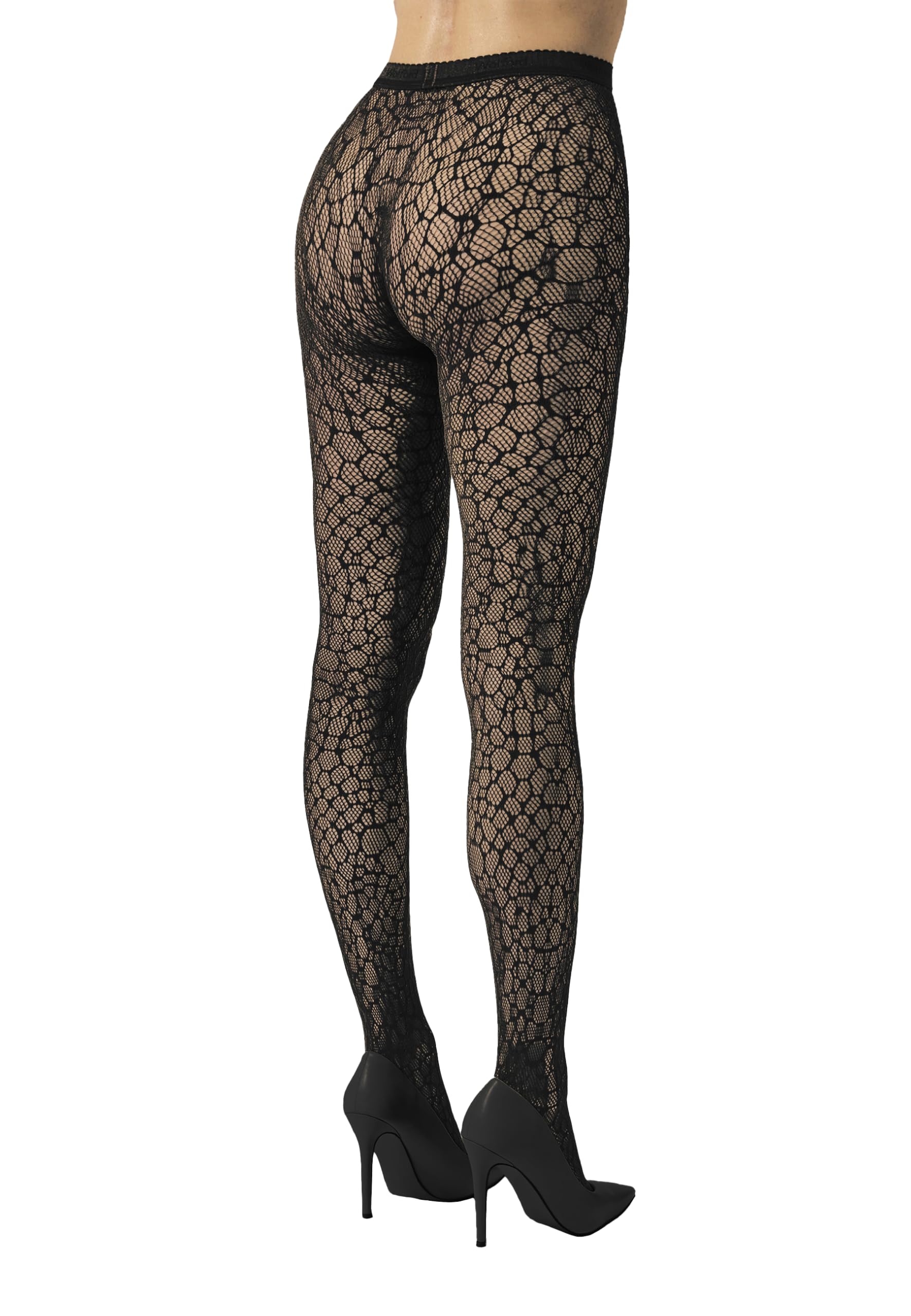 Wolford Reptile Net Tights for Women Seamless Snakeskin Fishnet Pantyhose Matte Finish Logo Waistband Eco Recycled Yarn Black Large - Medaid International