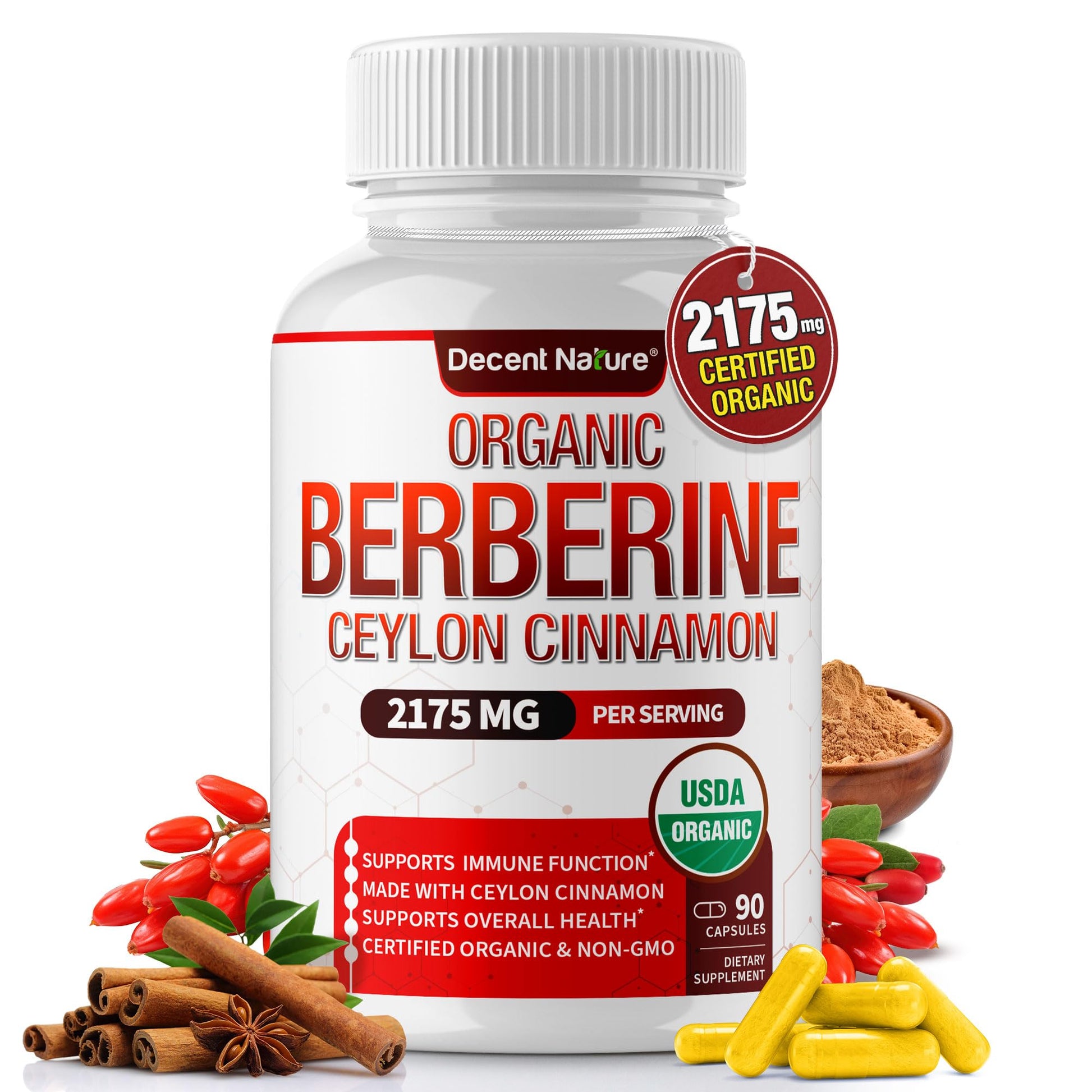 Organic Berberine with Ceylon Cinnamon 2175mg - Premium berberine supplement high purity extract USDA Organic, support immune system, Berberine Plus Complex, Non-GMO Vegan for Men Women 90 Capsules - Medaid International