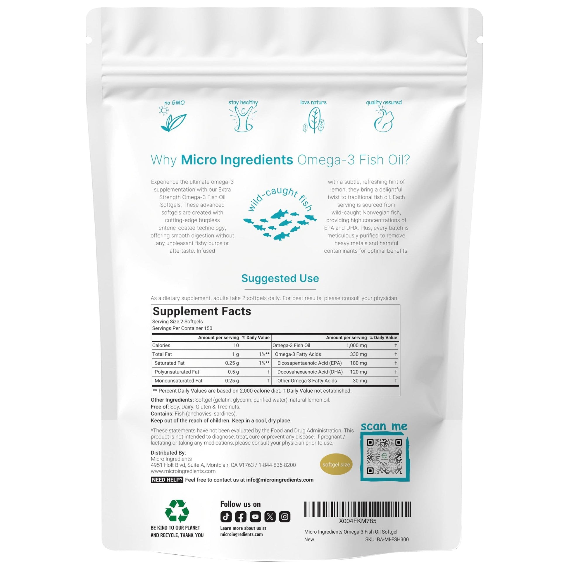 Micro Ingredients Extra Strength Omega 3 Fish Oil Supplements 1,000mg Per Serving, 300 Softgels | Lemon Flavored | Burpless | EPA 180mg + DHA 120mg | Deep Sea Fish - Medaid International