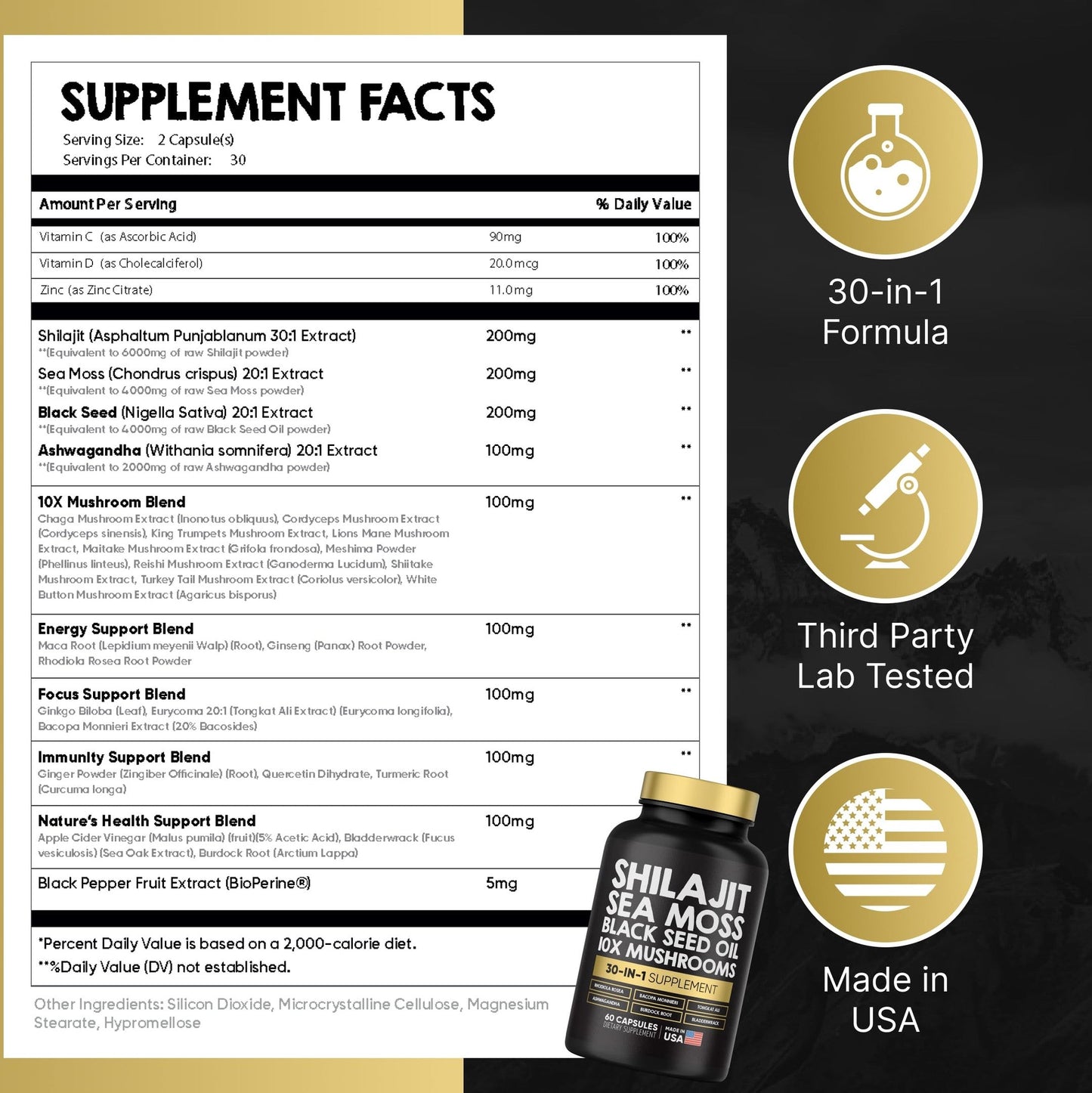 Smart Dose Power Blend Capsules - 30-in-1 Supplement Bundle with Shilajit 6000mg, Sea Moss 4000mg, Black Seed Oil 4000mg, Ashwagandha 2000mg, 10x Mushrooms, Tongkat Ali, Maca, Holistic Pills Combo - Medaid International