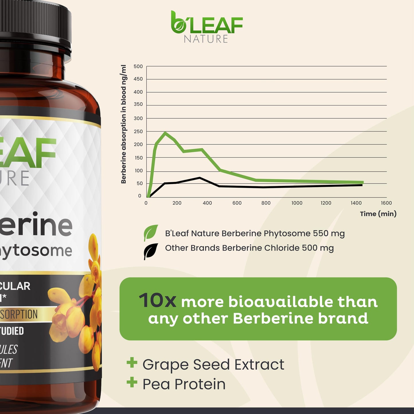 B’Leaf Nature Berberine Phytosome, 120 Capsules – 1100mg Berberine Supplement for Metabolic and Cardiovascular Support – Vegan, Gluten-Free, Non-GMO Berberine Phytosome Capsules for Immune Wellness - Medaid International