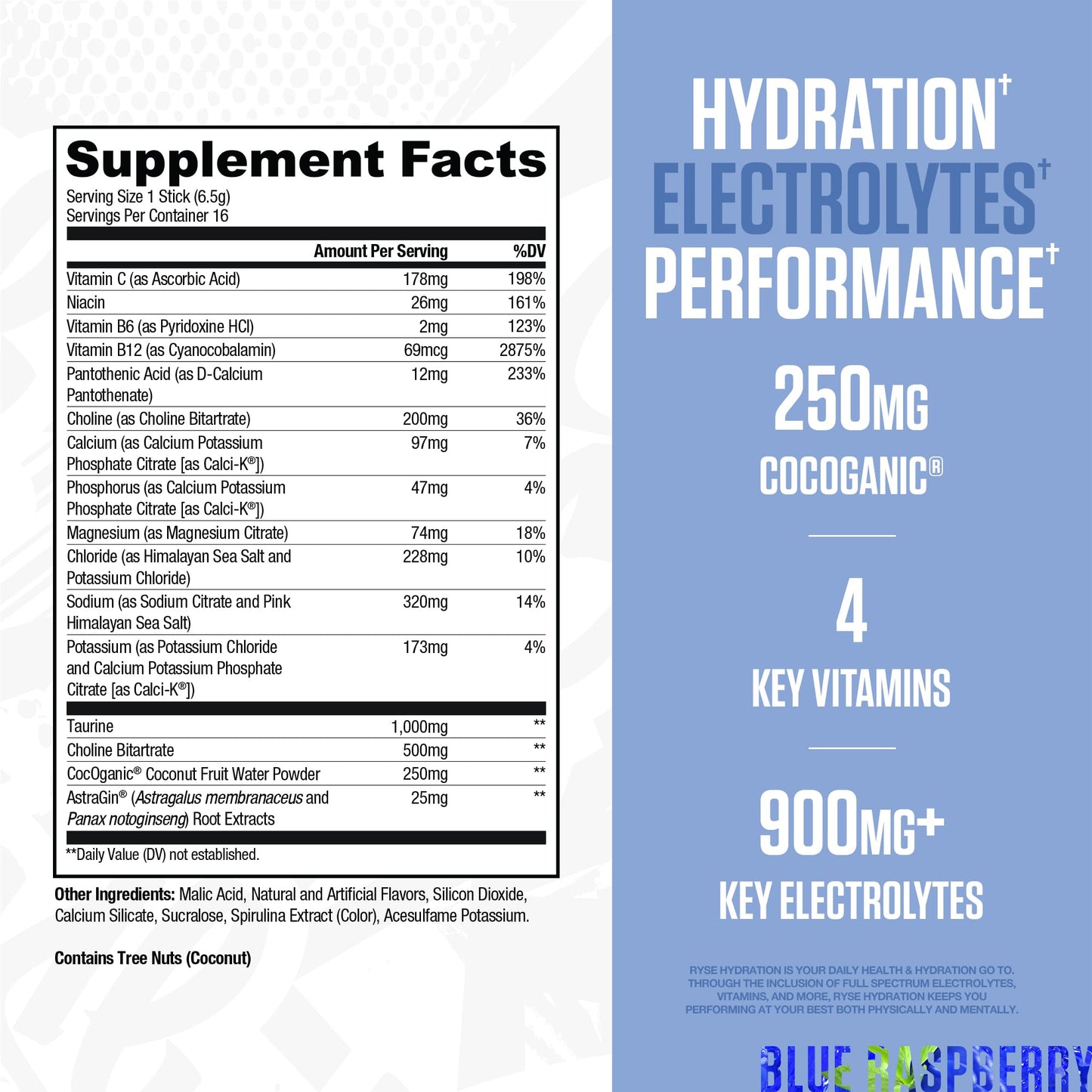 RYSE Hydration Electrolyte Powder Drink Mix Packets - Blue Raspberry - Sugar-Free Full Spectrum Electrolytes with Essential Vitamins, Taurine and Choline for Rehydration - 16 Serving Sticks - Medaid International