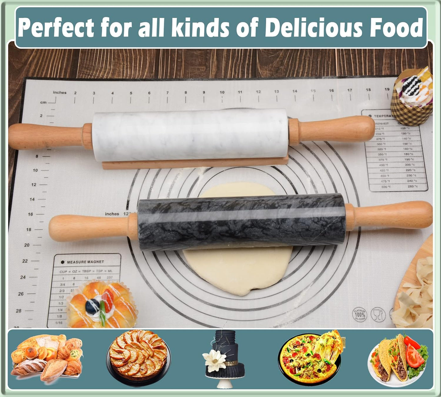 Marble Rolling Pin with Wooden Cradle Thick Handle Set