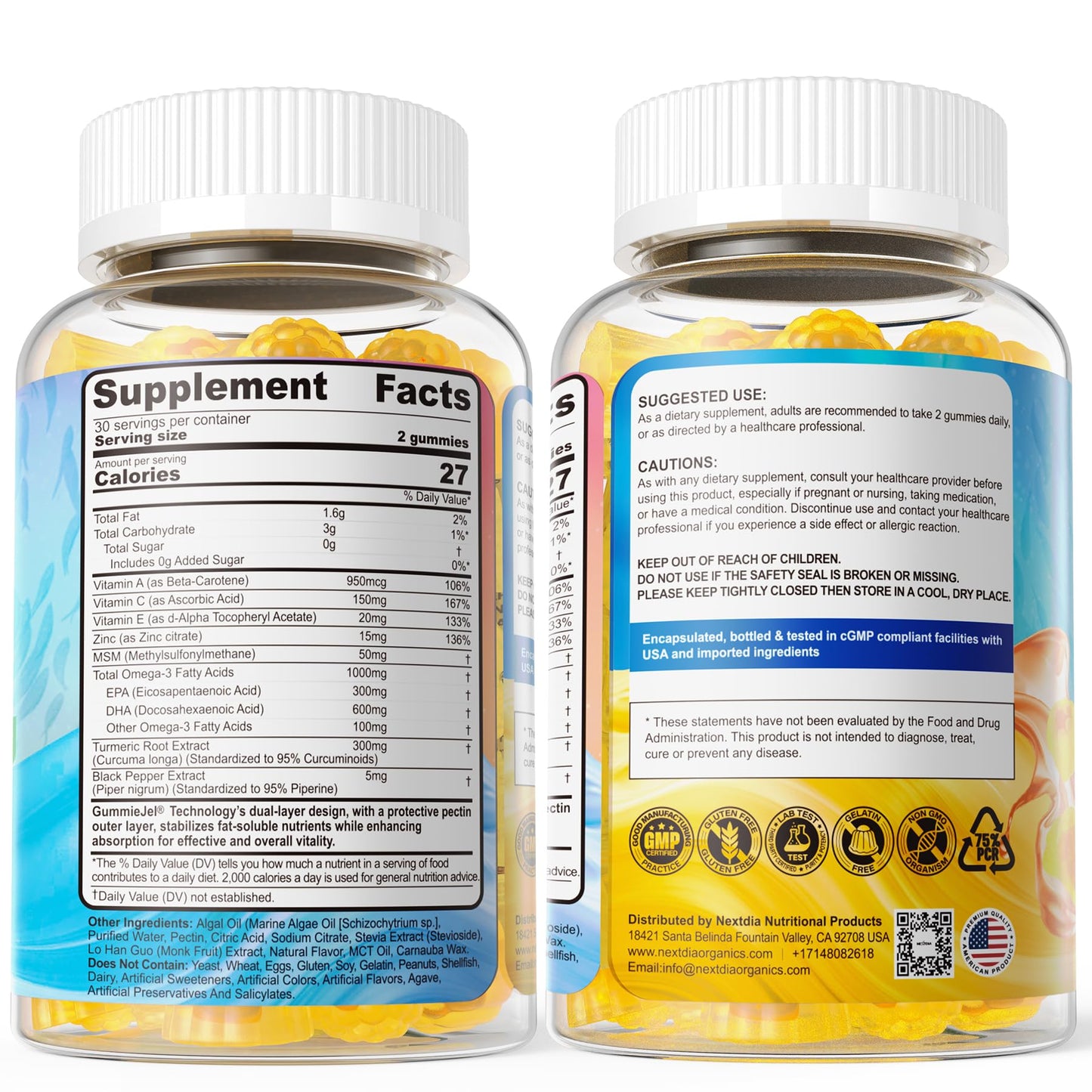 Vegan Omega-3 Gummies 1000mg + Turmeric - Omega 3 Fish Oil Alternative for Adults - Algae DHA 600mg & EPA 300mg, Vitamins A, C, E, Zinc & MSM, Sugar Free, 60 Cts - Medaid International