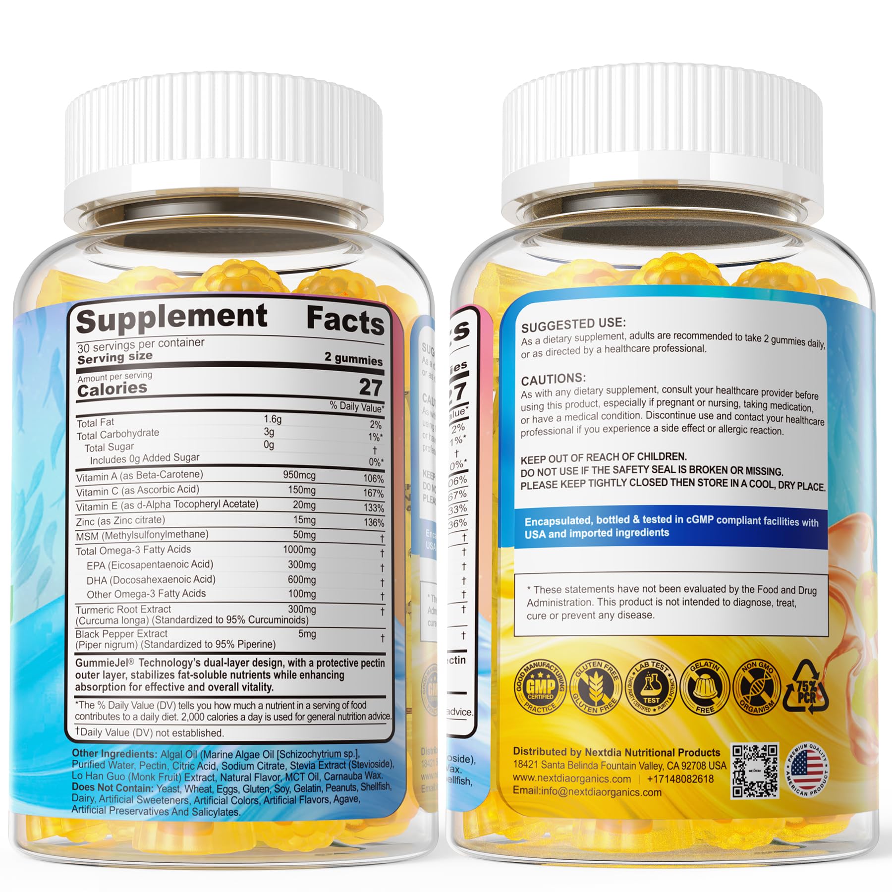Vegan Omega-3 Gummies 1000mg + Turmeric - Omega 3 Fish Oil Alternative for Adults - Algae DHA 600mg & EPA 300mg, Vitamins A, C, E, Zinc & MSM, Sugar Free, 60 Cts - Medaid International