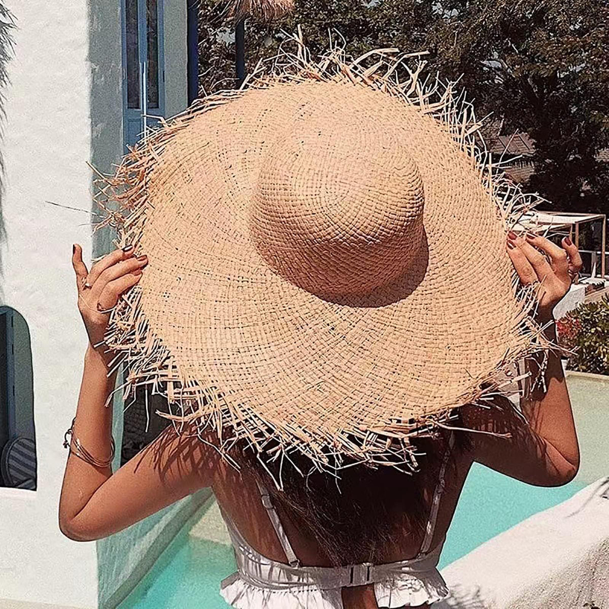 KASTWAVE Womens Beach Sun Straw Hat Summer UV Sun Hat Wide Brim Fringe Beach Hat Boho Floppy Hat Fishing Cap