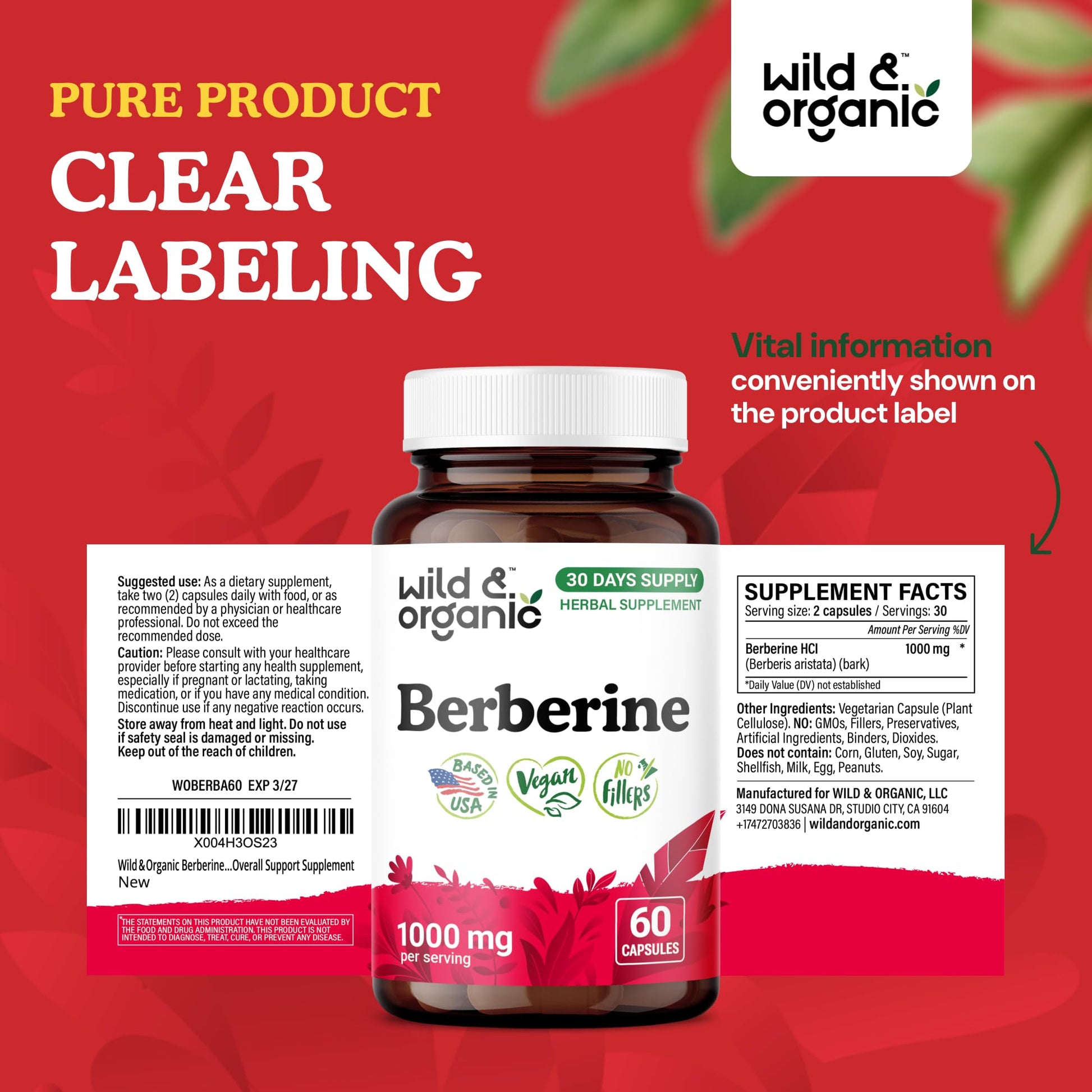 Wild & Organic Berberine Supplement Capsules 1000 mg - Antioxidant & Overall Support - Pure Berberine HCL Powder - Berberis Aristata Bark - Vegan, No Fillers, Non-GMO - 60 Count - Medaid International