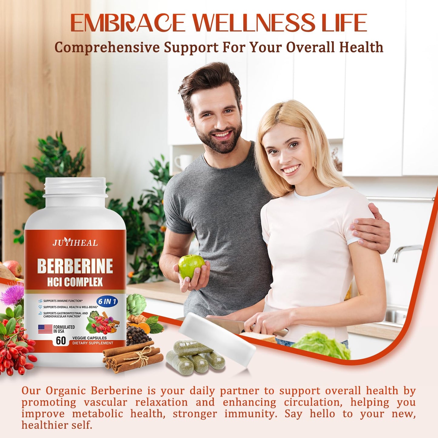 JUYIHEAL 2Pack Berberine with Ceylon Cinnamon, Turmeric, Milk Thistle, Artichoke, Black Pepper, Berberine Supplement for Support Immune System - 120 Capsules Berberine HCI - Medaid International