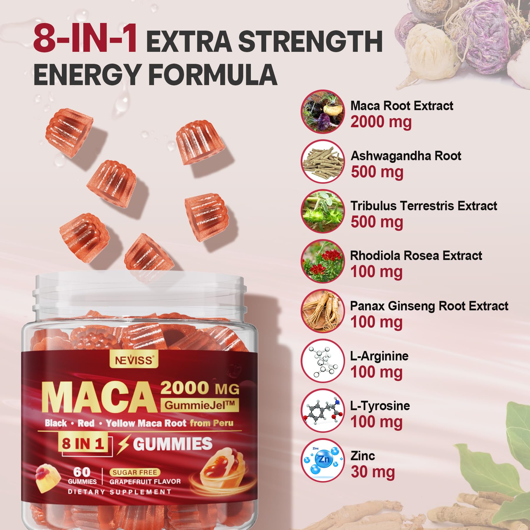 Maca Root Filled Gummies 2000mg for Women Men | Sugar Free | Organic Black, Red, Yellow Maca Root Supplement Gummy Chews with Ashwagandha Ginseng & Zinc | Vegan, Non-GMO, Grapefruit Flavor, 60 Count - Medaid International