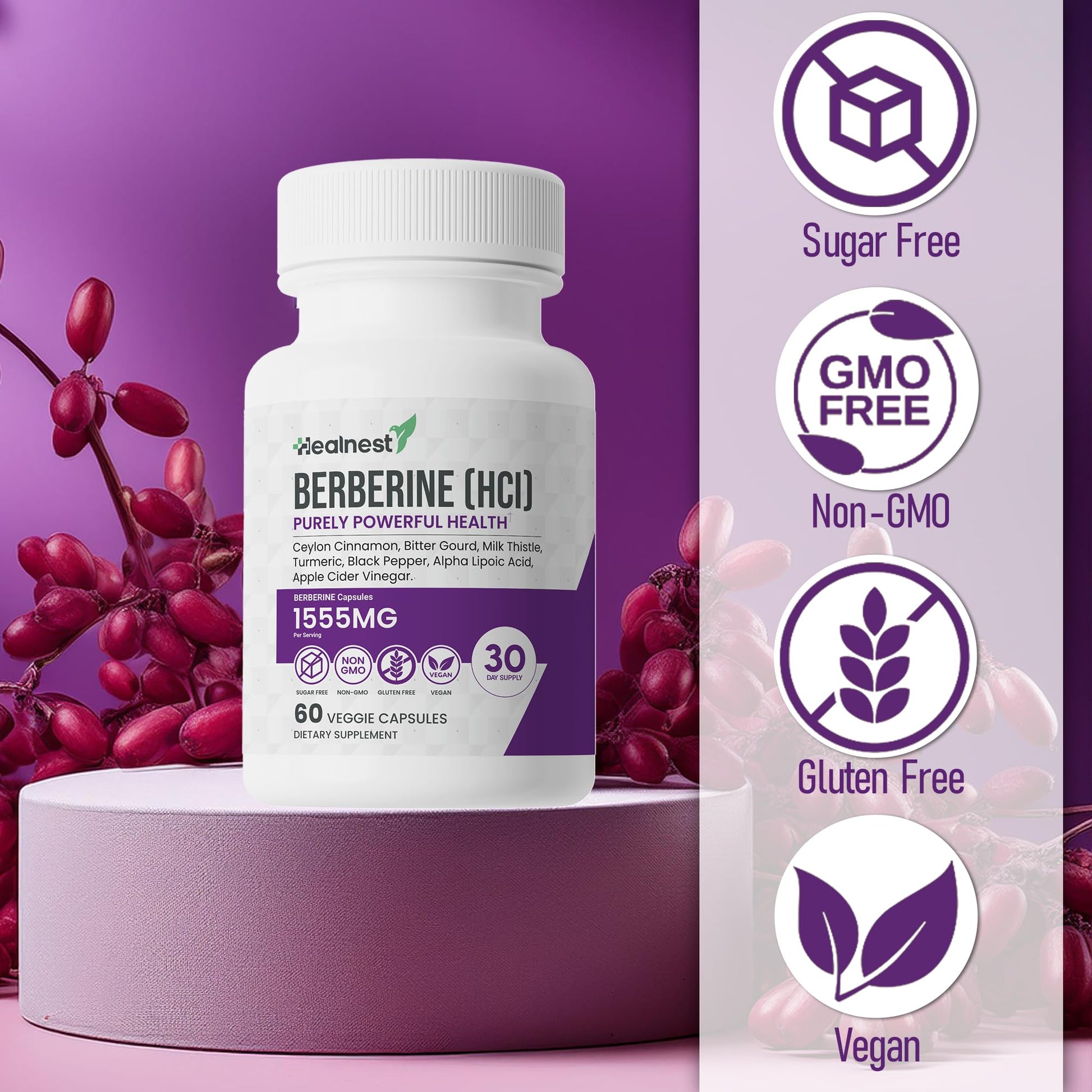 Berberine (HCI) 500mg - with Ceylon Cinnamon, Turmeric, Milk Thistle, Bitter Gourd, Alpha Lipoic Acid - Non-GMO, Gluten Free, 60 Vegan Capsules. - Medaid International