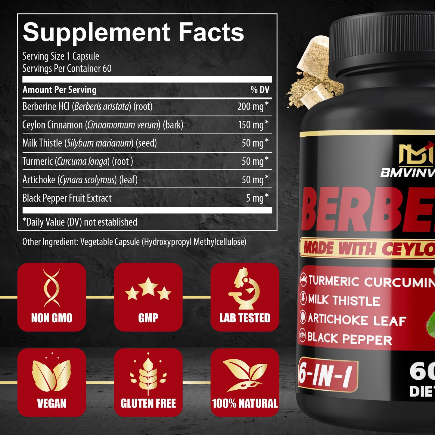 Berberine Supplement with Ceylon Cinnamon, Turmeric, Artichoke, Milk Thistle - Berberine HCl Supplement Pills - 60 Capsules [2-Month Supply] - Medaid International