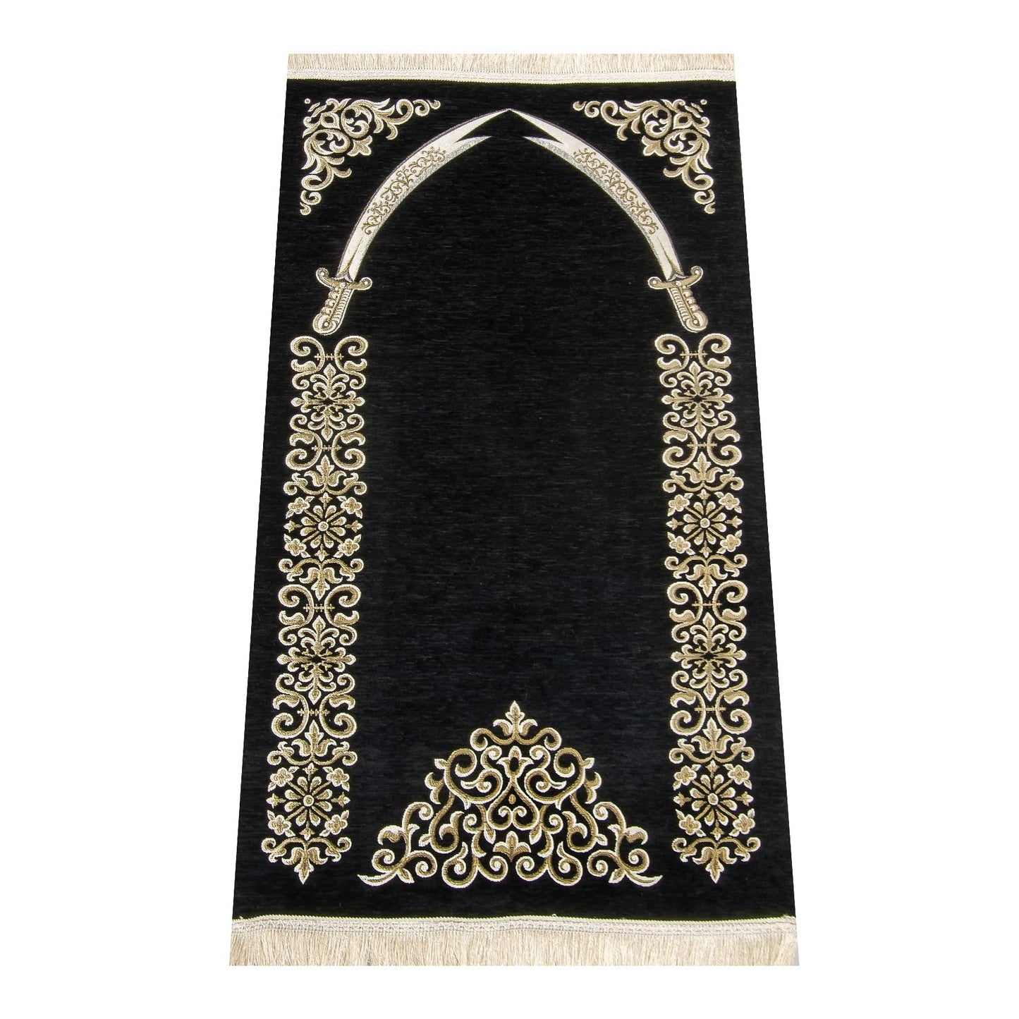 Lux Muslim Prayer Rug with Imam Ali Sword Zulfiqar Design | Janamaz | Sajadah | Soft Islamic Prayer Rug | Islamic Gifts | Prayer Carpet Mat, Chenille Fabric, Black - Medaid International